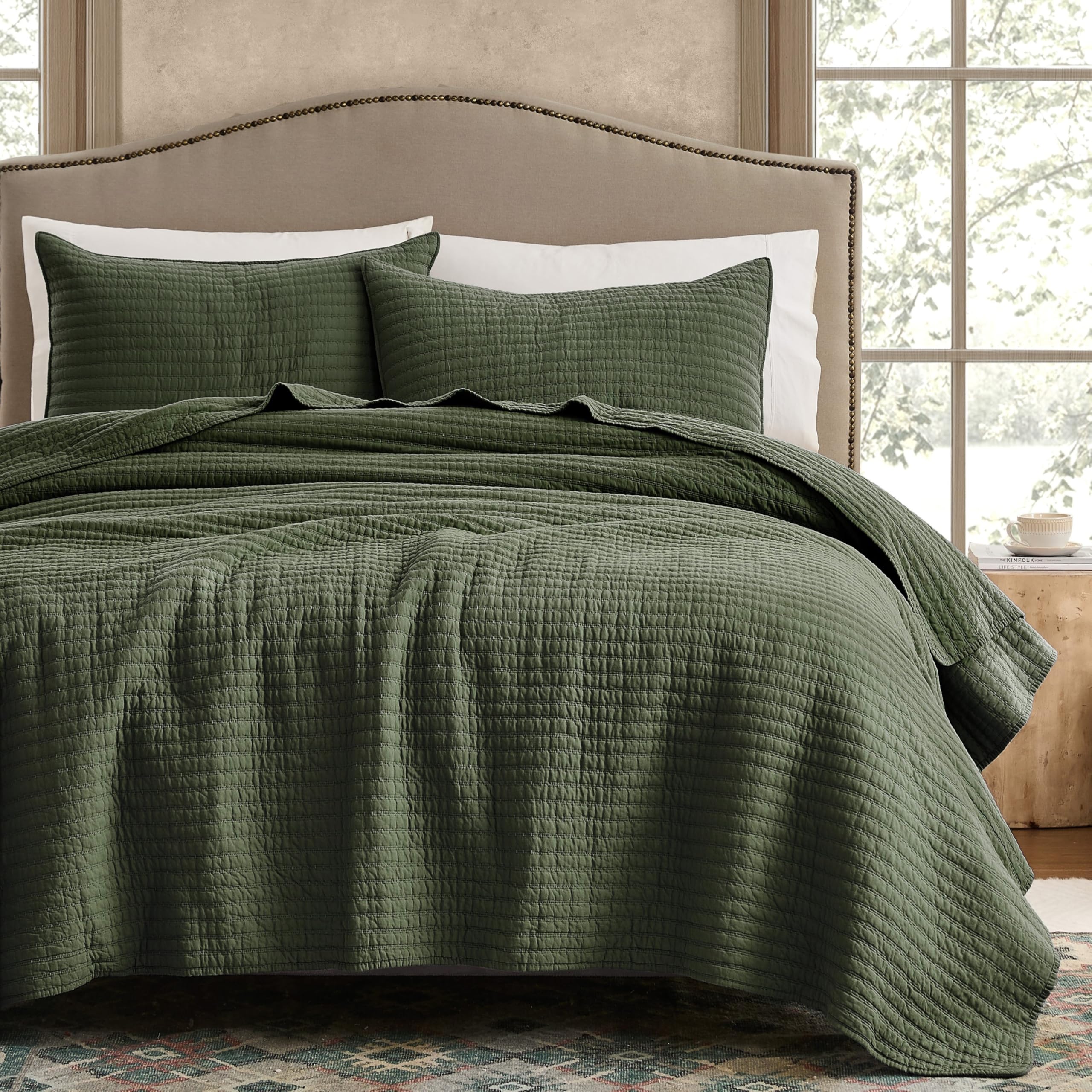 WDCOZY 100% Cotton King Size Quilt Set - Beige Neutral Striped Pick Stitch Soft Lightweight Bedspread, Textured Like Linen, Farmhouse Country Rustic Coverlet, Shabby Chic Gauze Bedding, 3 Pieces