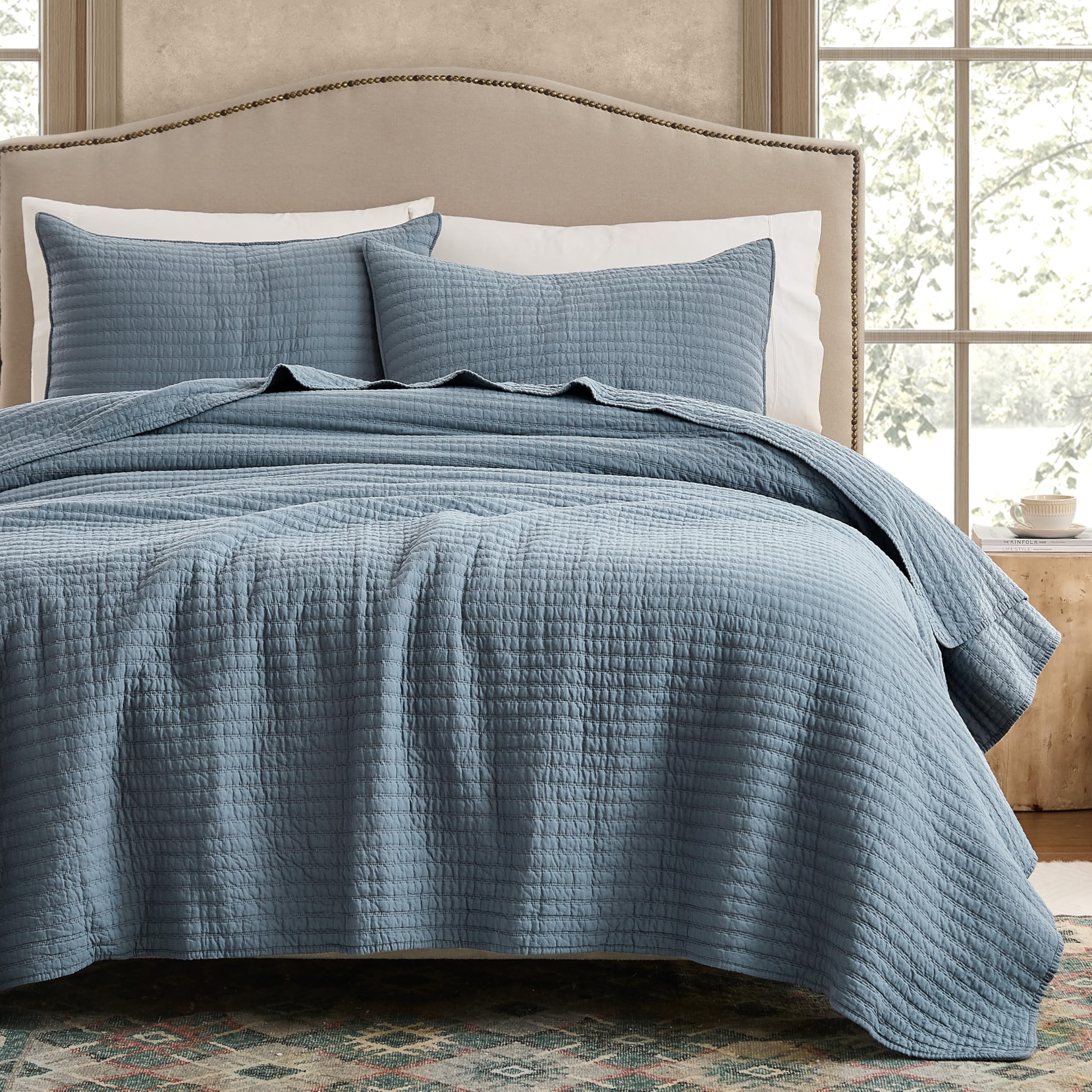 WDCOZY 100% Cotton Queen Size Quilt Set - Beige Neutral Striped Pick Stitch Soft Lightweight Bedspread, Textured Like Linen, Farmhouse Country Rustic Coverlet, Shabby Chic Gauze Bedding, 3 Pieces