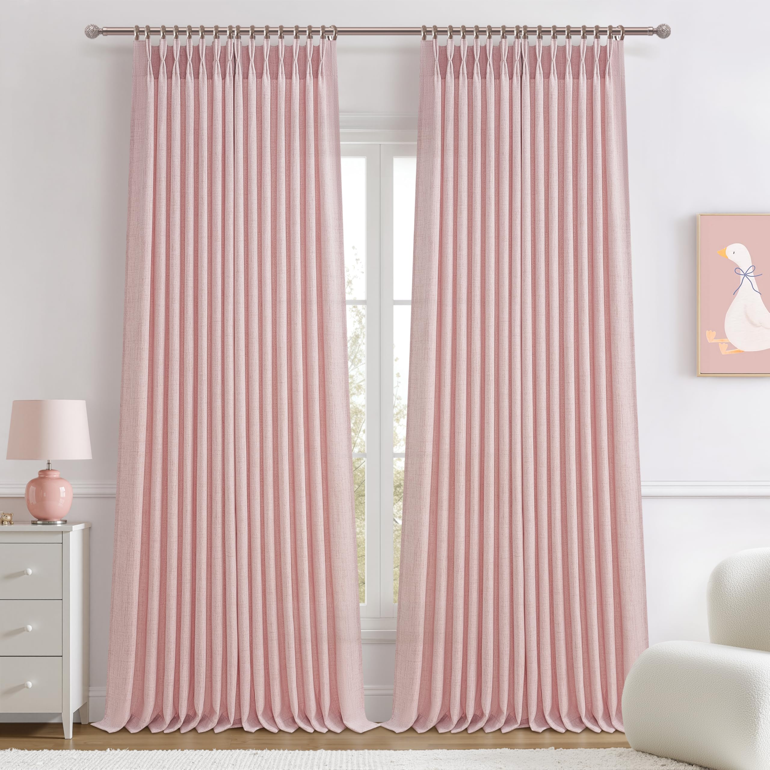 Pinch Pleated Linen Curtains 96 Inches Long for Living Room Bedroom, Light Filtering Boho Window Drape 96 inch 2 Panels Burgs with Hooks&Rings 8ft Cream Birch Sliding Glass Door Sheer Curtain Decor