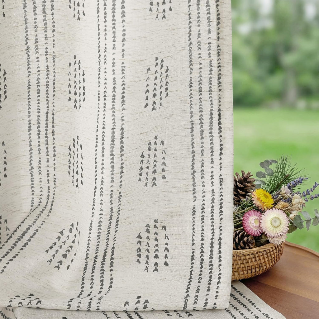 Boho Linen Curtains for Bedroom Living Room Grey Farmhouse Boho Curtains 84 Inches Long Geometric Striped Patterned Mudcloth Grommet Top Light Filtering Window Drapes 2 Panels Gray on Beige