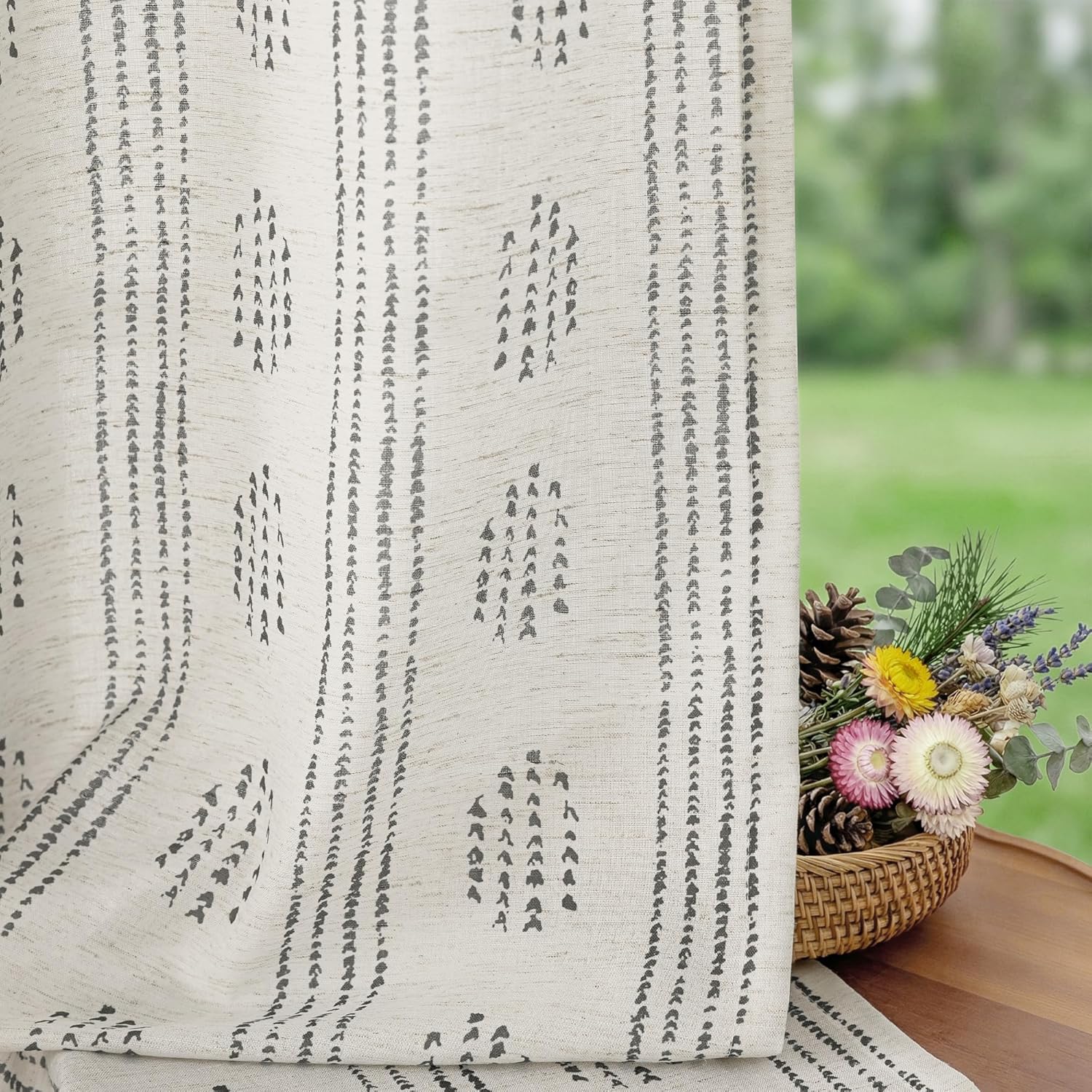 Boho Linen Curtains for Bedroom Living Room Grey Farmhouse Boho Curtains 84 Inches Long Geometric Striped Patterned Mudcloth Grommet Top Light Filtering Window Drapes 2 Panels Gray on Beige