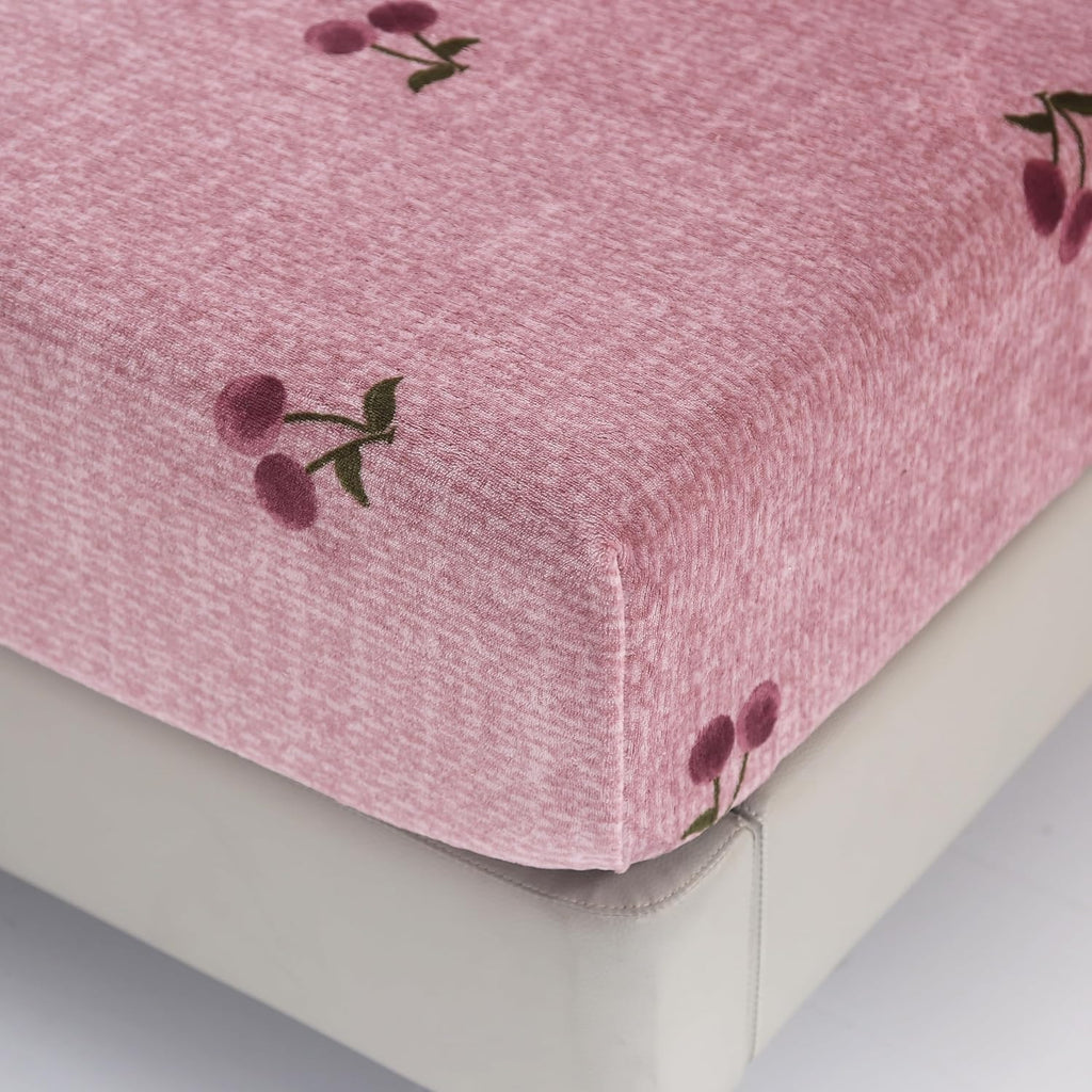 MAG 3Pcs Fleece Fitted Sheet Twin Size with Pink Cherry Pattern, Super Cute Fluffy Warm Bottom Sheets for Kids,Girls,included1*Fitted Sheet and 2*Pillowcases.