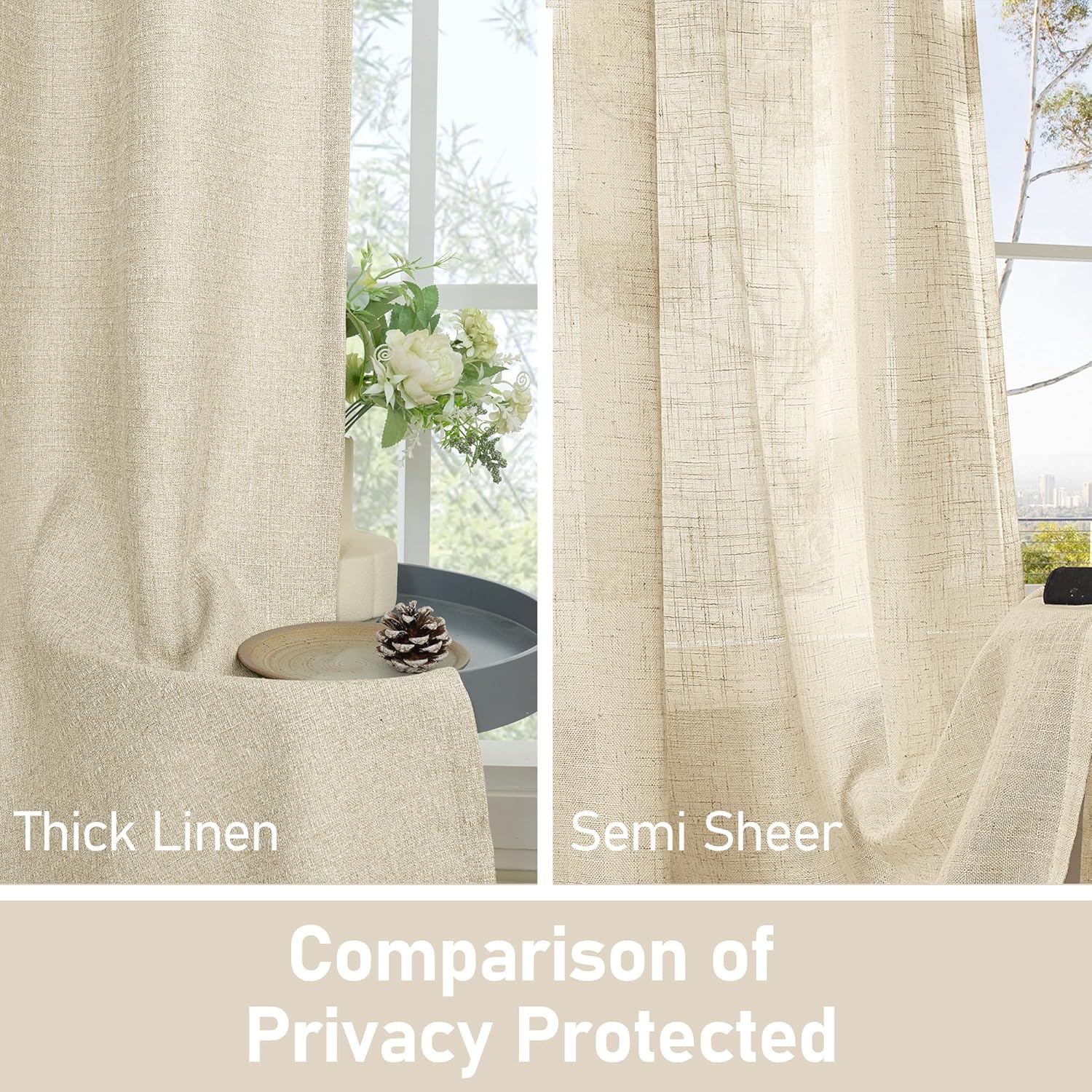 LAMIT Linen Curtains 84 inch Length 2 Panels, Grommet Thick Soft Light Filtering Curtains Privacy Living Room Window Drapes for Bedroom/Farmhouse, W52 x L84, Natural Beige