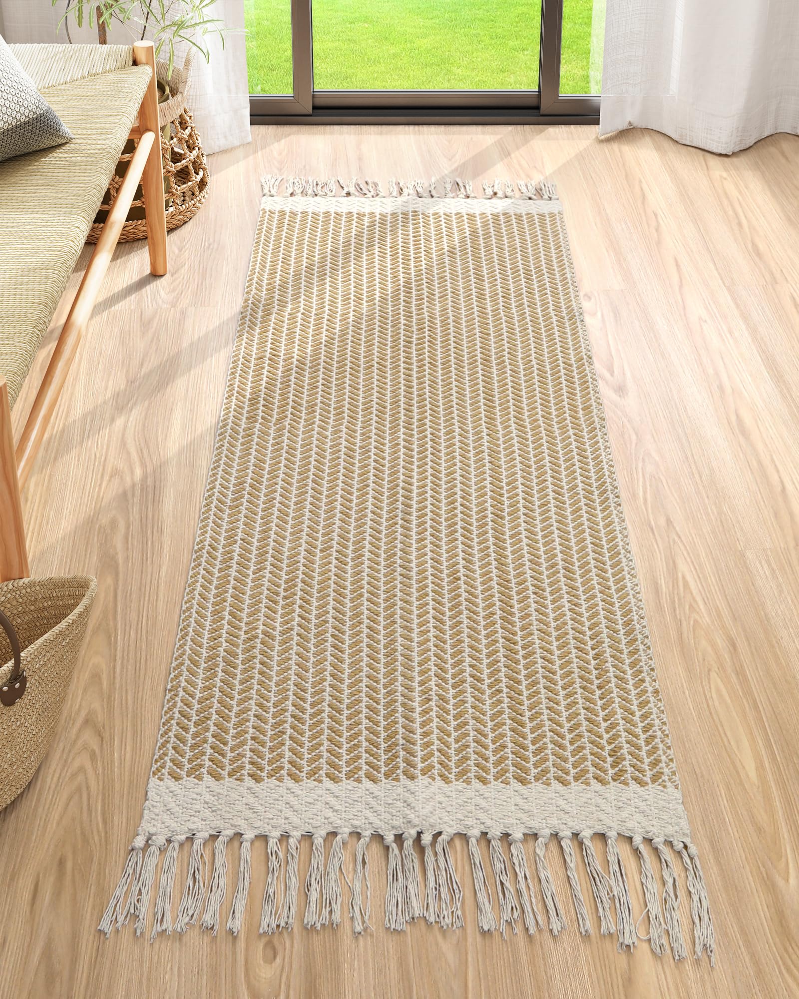 Lahome Belle Boho Rugs for Bedroom, 3x5 Bathroom Rug Lightweight Farmhouse Woven Area Rug with Tassels, Throw Rugs Washable Kitchen Rug Non Shedding Indoor Door Mats for Entryway Living Room, Khaki