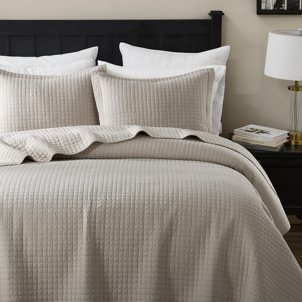 WDCOZY 100% Cotton Queen Size Quilt Set - Beige Box Pick Stitch Soft Lightweight Bedspread, Textured Like Linen, Farmhouse Country Rustic Coverlet, Shabby Chic Gauze Bedding, 3 Pieces