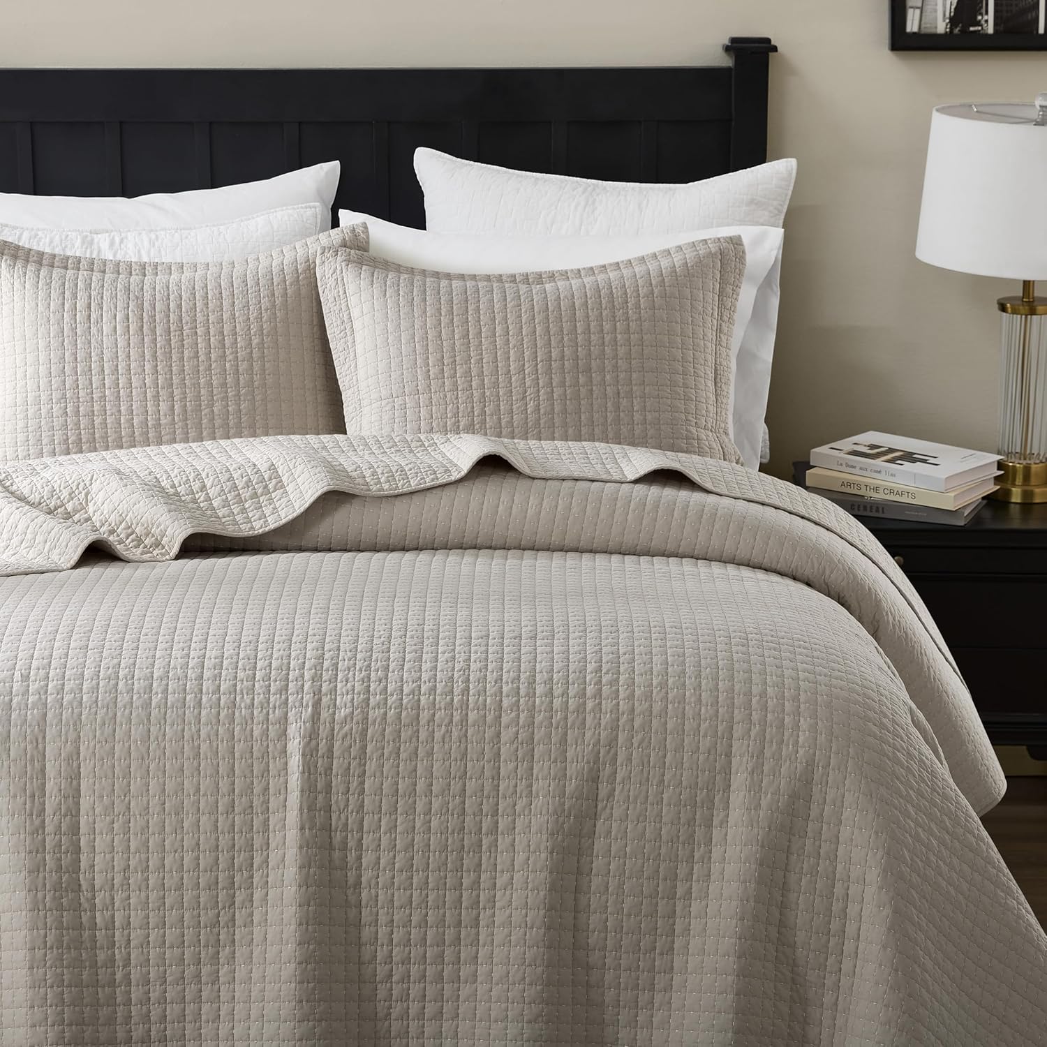 WDCOZY 100% Cotton Queen Size Quilt Set - Beige Box Pick Stitch Soft Lightweight Bedspread, Textured Like Linen, Farmhouse Country Rustic Coverlet, Shabby Chic Gauze Bedding, 3 Pieces