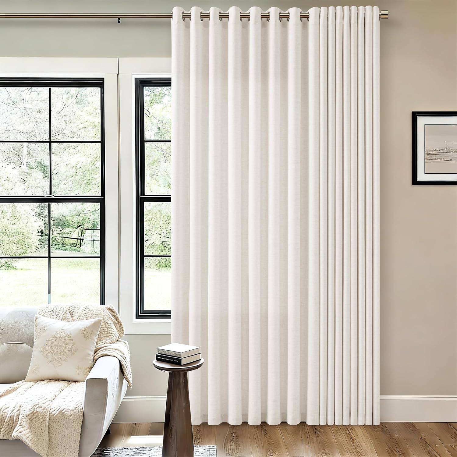 Natural Linen Curtains 96 Inches Long 2 Panels Bronze Grommet Curtain Burlap Ivory Cream Colored Light Filtering Semi Sheer Drapes Thick Linen Blend Floor to Ceiling Length Living Room 8ft