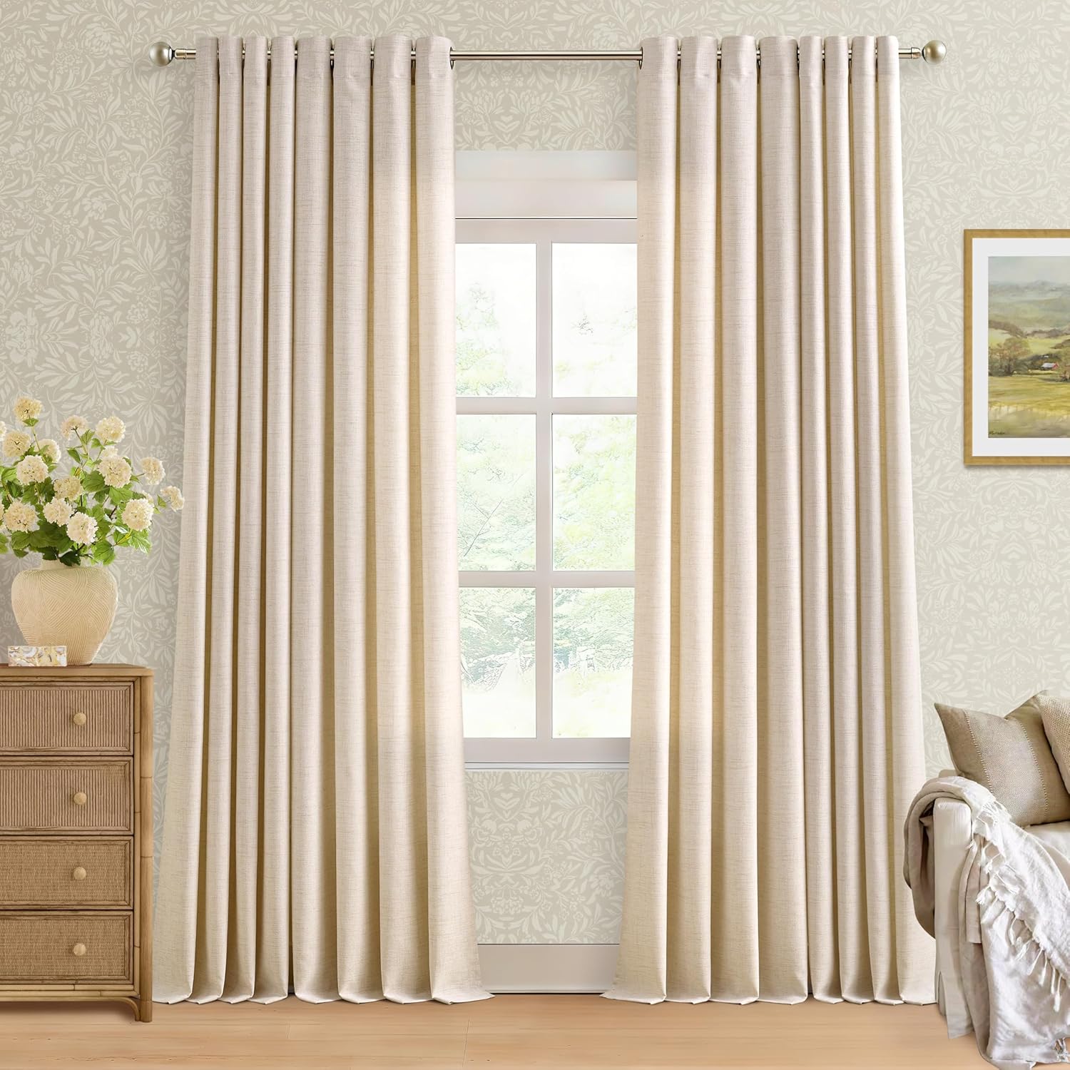 Natural Linen Curtains 96 Inches Long 2 Panels Bronze Grommet Curtain Burlap Ivory Cream Colored Light Filtering Semi Sheer Drapes Thick Linen Blend Floor to Ceiling Length Living Room 8ft