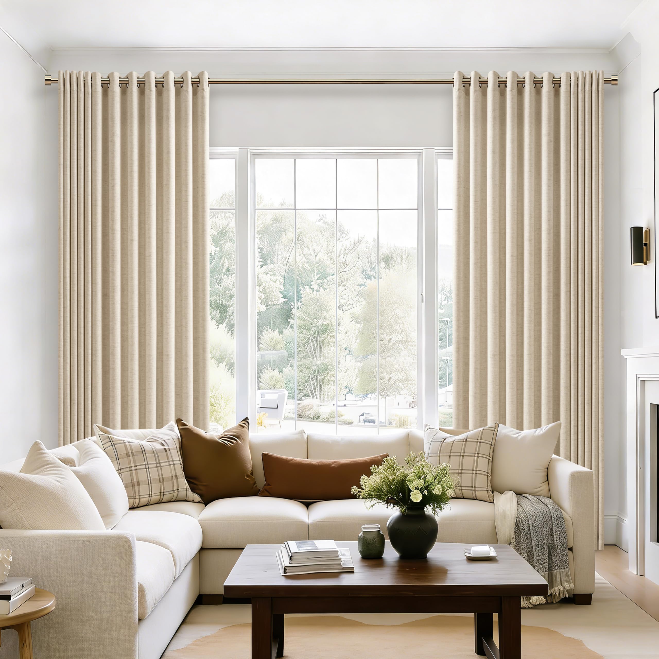Natural Linen Curtains 96 Inches Long 2 Panels Bronze Grommet Curtain Burlap Ivory Cream Colored Light Filtering Semi Sheer Drapes Thick Linen Blend Floor to Ceiling Length Living Room 8ft