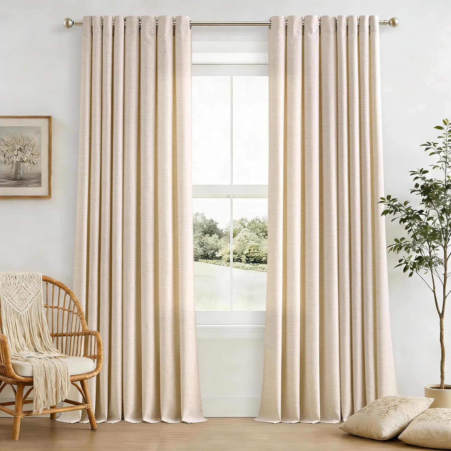 Natural Linen Curtains 96 Inches Long 2 Panels Bronze Grommet Curtain Burlap Ivory Cream Colored Light Filtering Semi Sheer Drapes Thick Linen Blend Floor to Ceiling Length Living Room 8ft