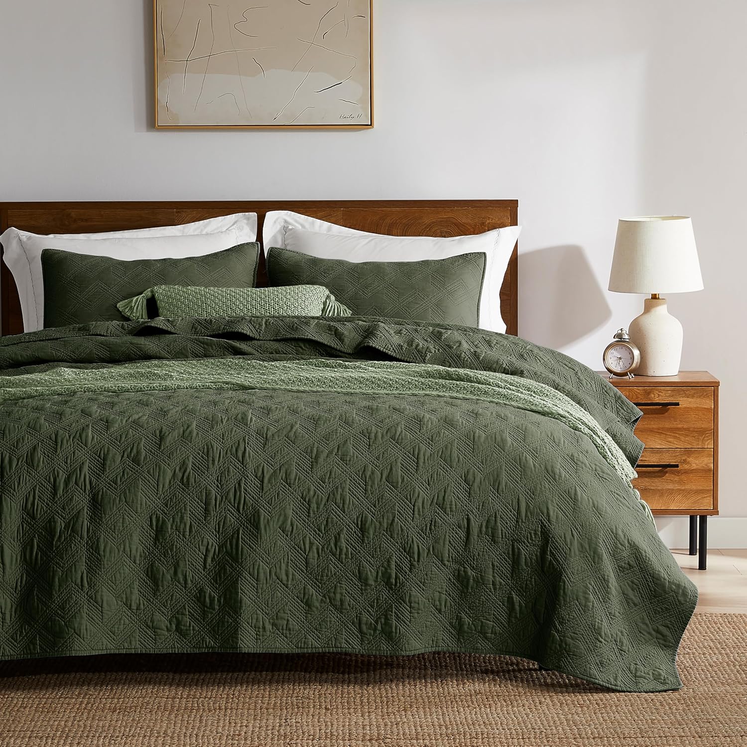 WDCOZY 100% Cotton Queen Size Quilt Set - Olive Green Pre-Washed Soft Lightweight Modern Bedspread, Farmhouse Country Rustic Coverlet, Textured Like Linen, Shabby Chic Gauze Bedding, 3 Pieces