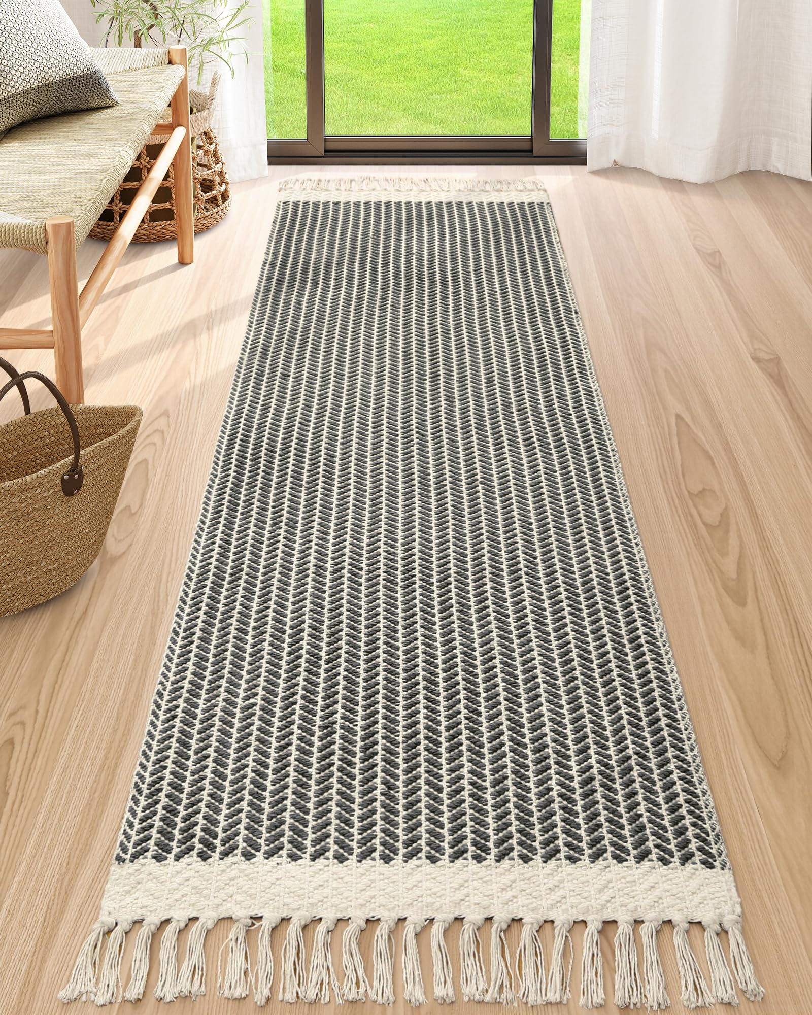Lahome Belle Boho Hallway Runner Rug, 2x6 Laundry Room Lightweight Entry Woven Cotton Throw Mat with Tassels, Farmhouse Non Shedding Washable Black Low Pile Runner for Kitchen Bathroom