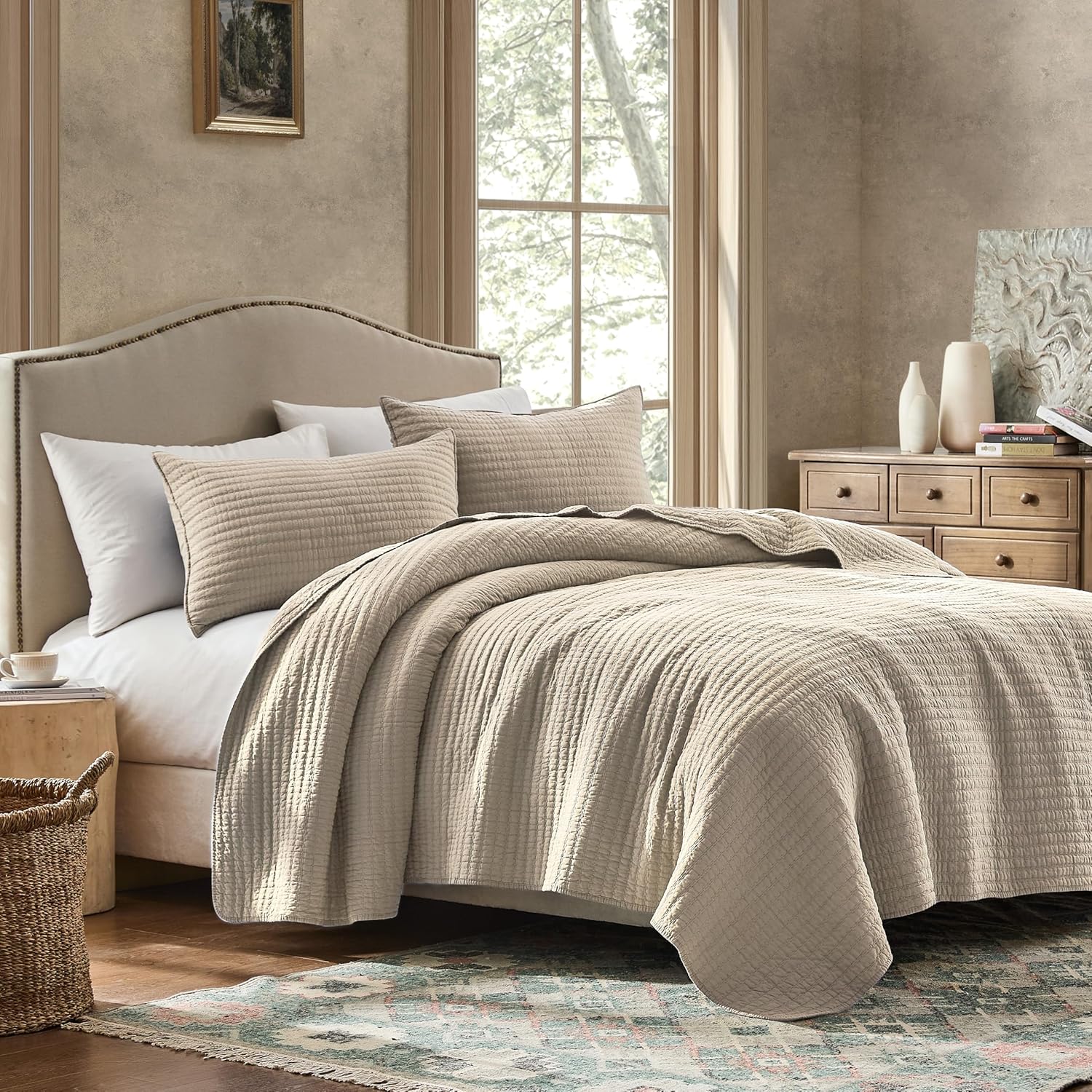 WDCOZY 100% Cotton King Size Quilt Set - Beige Neutral Striped Pick Stitch Soft Lightweight Bedspread, Textured Like Linen, Farmhouse Country Rustic Coverlet, Shabby Chic Gauze Bedding, 3 Pieces