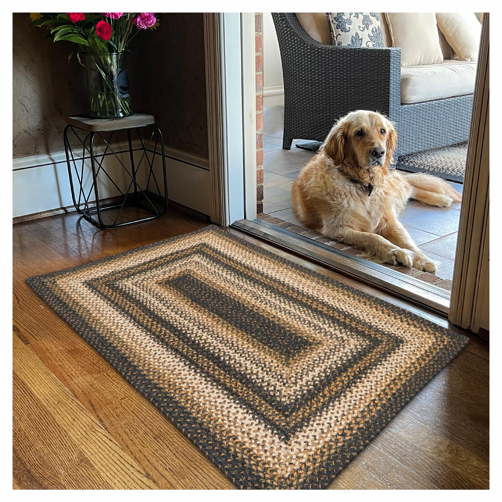 Homespice Gingerbread Black & Brown Braided Rug 20x30 - Jute Braided Kitchen Rugs for Country, Primitive Decor, Reversible, Pet-Friendly, Durable & Easy to Maintain