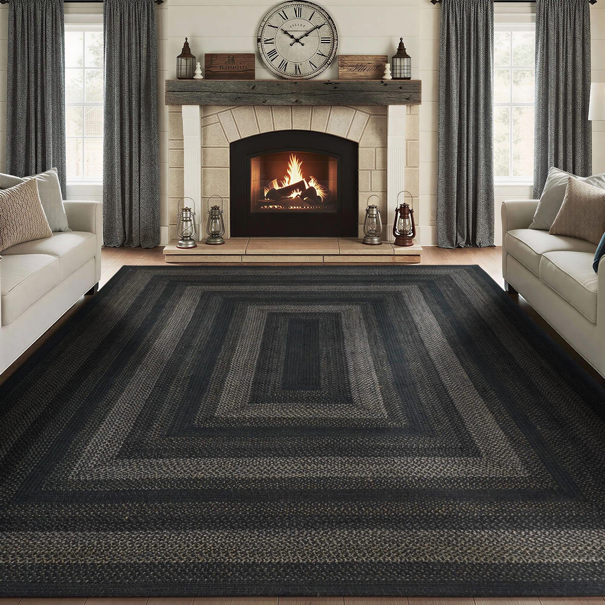 Homespice Gingerbread Black & Brown Braided Rug 20x30 - Jute Braided Kitchen Rugs for Country, Primitive Decor, Reversible, Pet-Friendly, Durable & Easy to Maintain