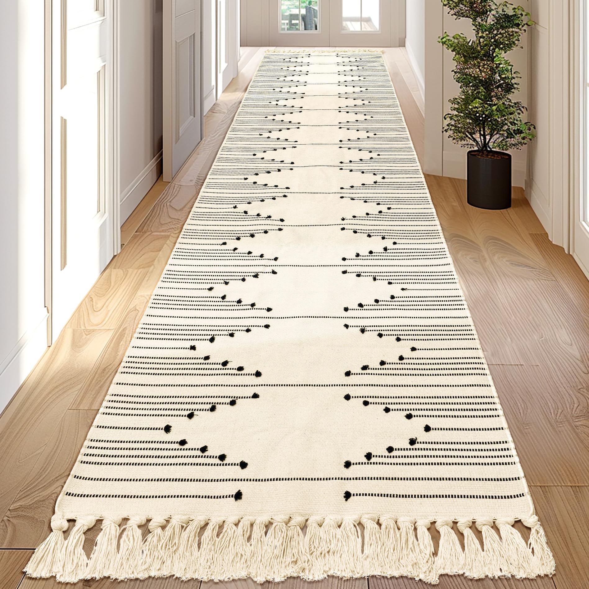 Tritard Washable Runners for Hallways 2x6 Boho Runner Rug with Tassels, Woven Cotton Kitchen Hallway Rug Runner Farmhouse Low Pile Rugs Carpet for Indoor Entryway Bathroom Laundry Bedroom, Black White
