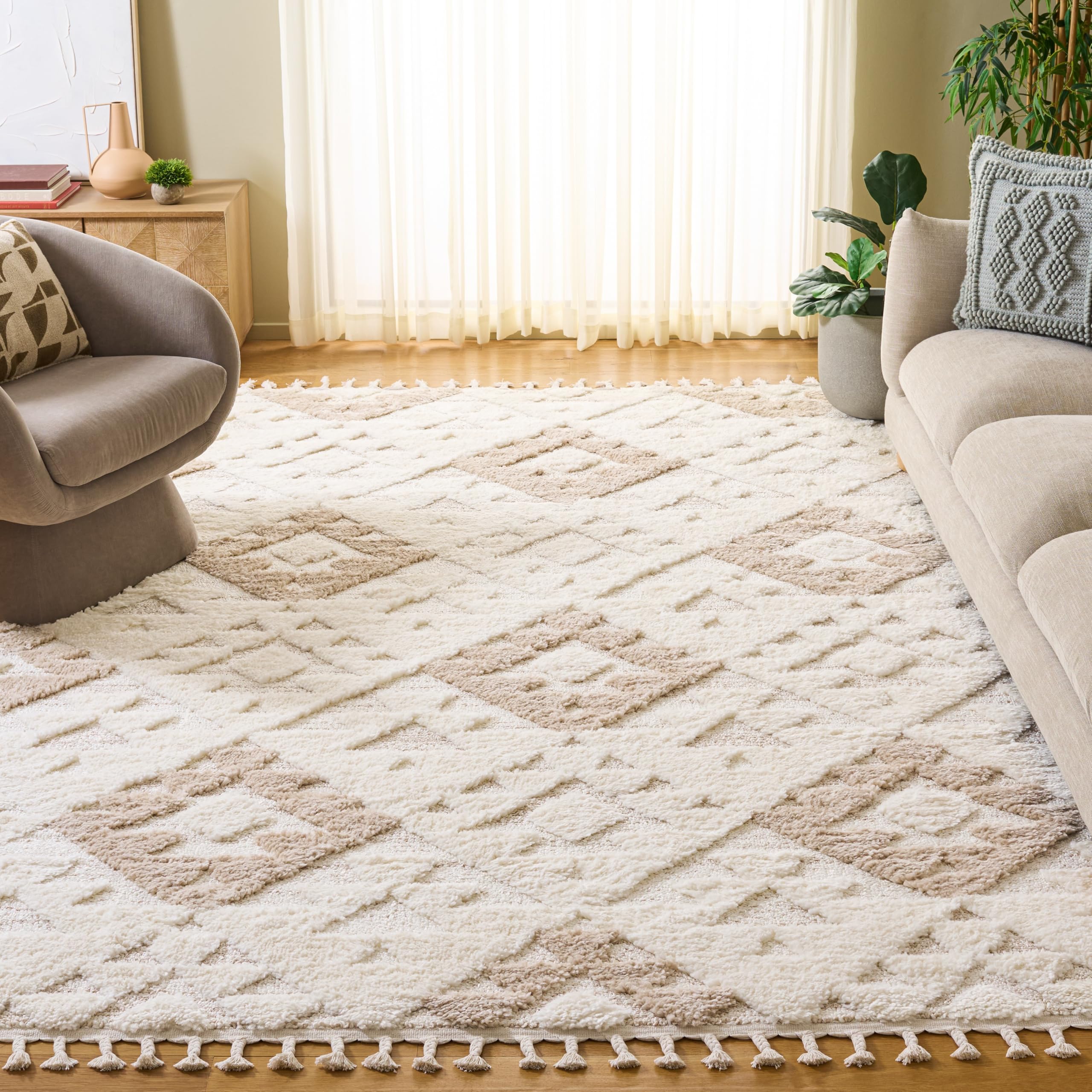 SAFAVIEH Area Rug 3x5 - Moroccan Tassel Shag Collection - Ivory, Non-Shedding & Easy to Clean, Plush High-Low Texture, Ideal for Living Room, Bedroom, Dining Space (MTS688C)