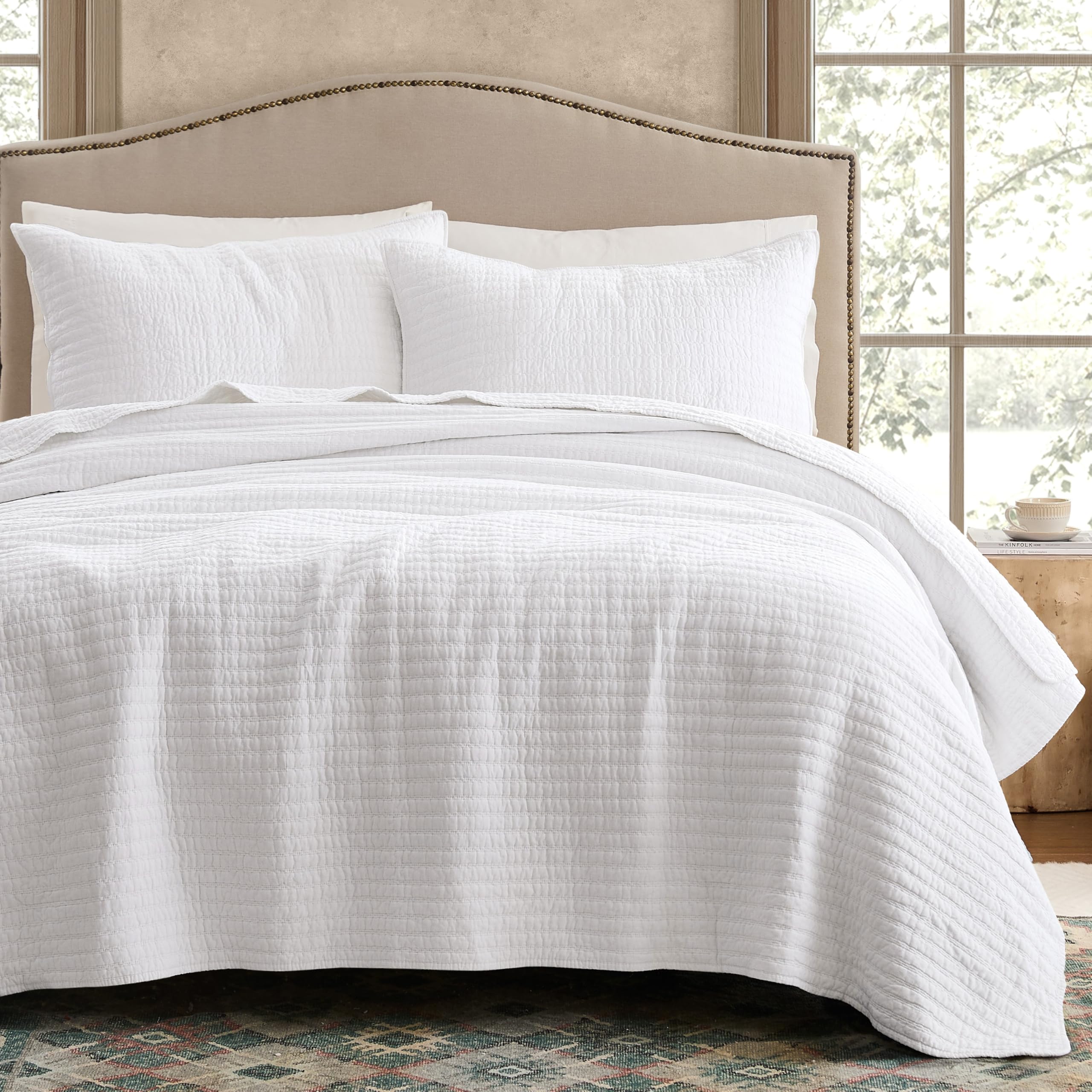 WDCOZY 100% Cotton King Size Quilt Set - Beige Neutral Striped Pick Stitch Soft Lightweight Bedspread, Textured Like Linen, Farmhouse Country Rustic Coverlet, Shabby Chic Gauze Bedding, 3 Pieces
