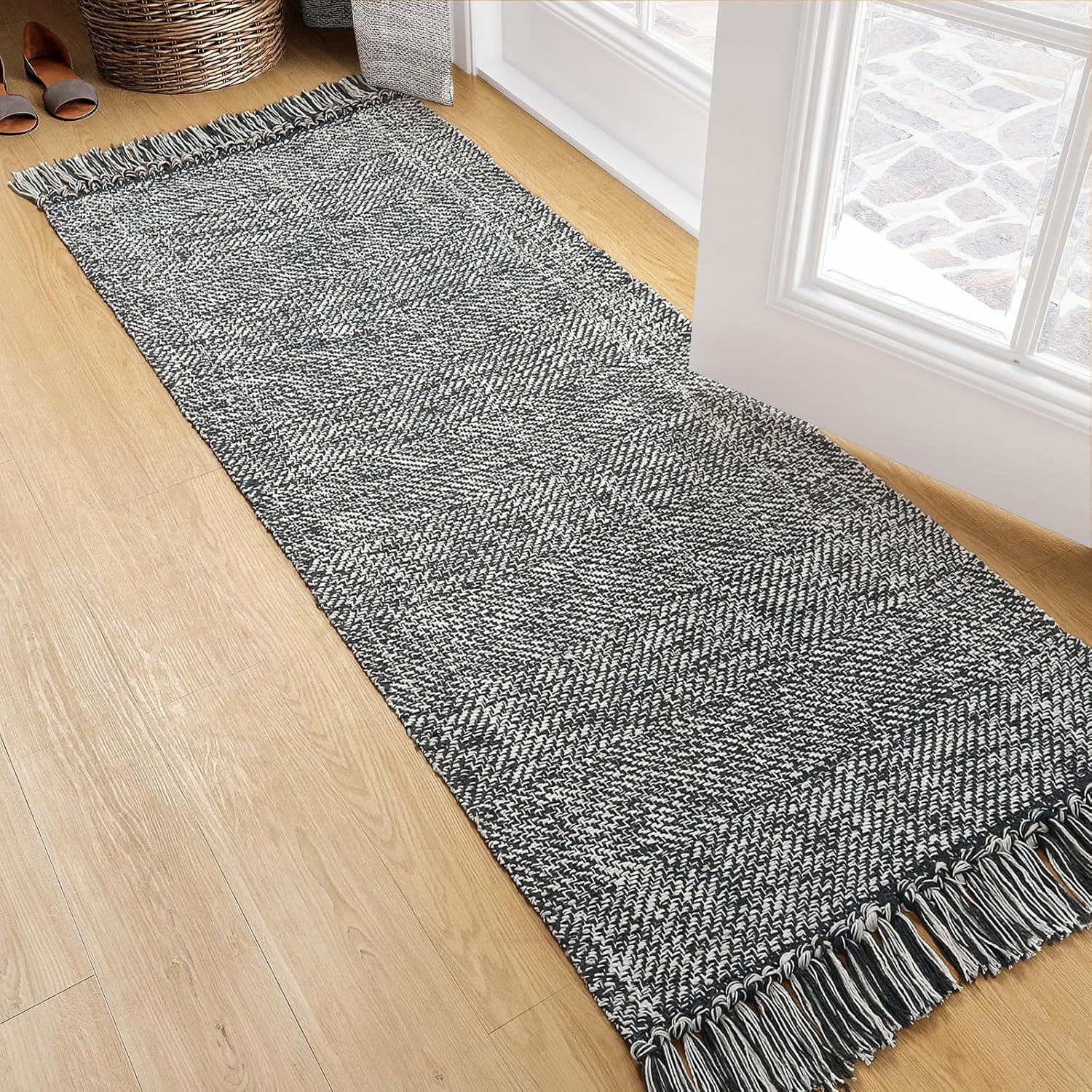Collive 4x6 Area Rug, Natural/Black Woven Cotton Washable Modern Bedroom Rugs, Boho Dining Room Door Rug Carpet with Tassel for Living Room Nursery Room Office, Outdoor Rug for Patio Hallway Decor