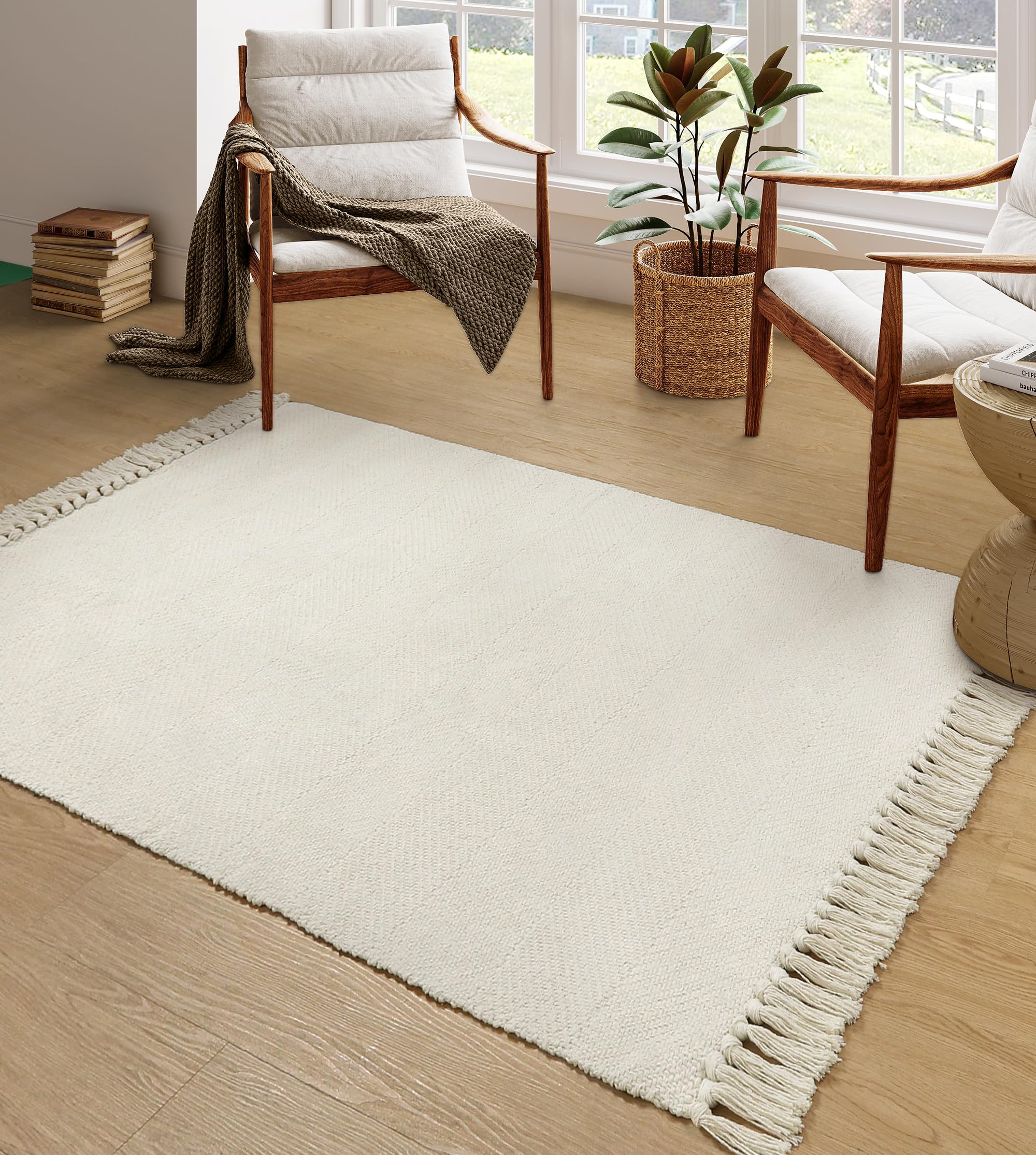Collive Washable Area Rug 3' x 5', Modern Farmhouse Woven Kitchen Rugs, Tan/Cream Indoor Outddor Mat Braided Throw Carpet for Entryway Bedroom Nursery Laundry Living Room