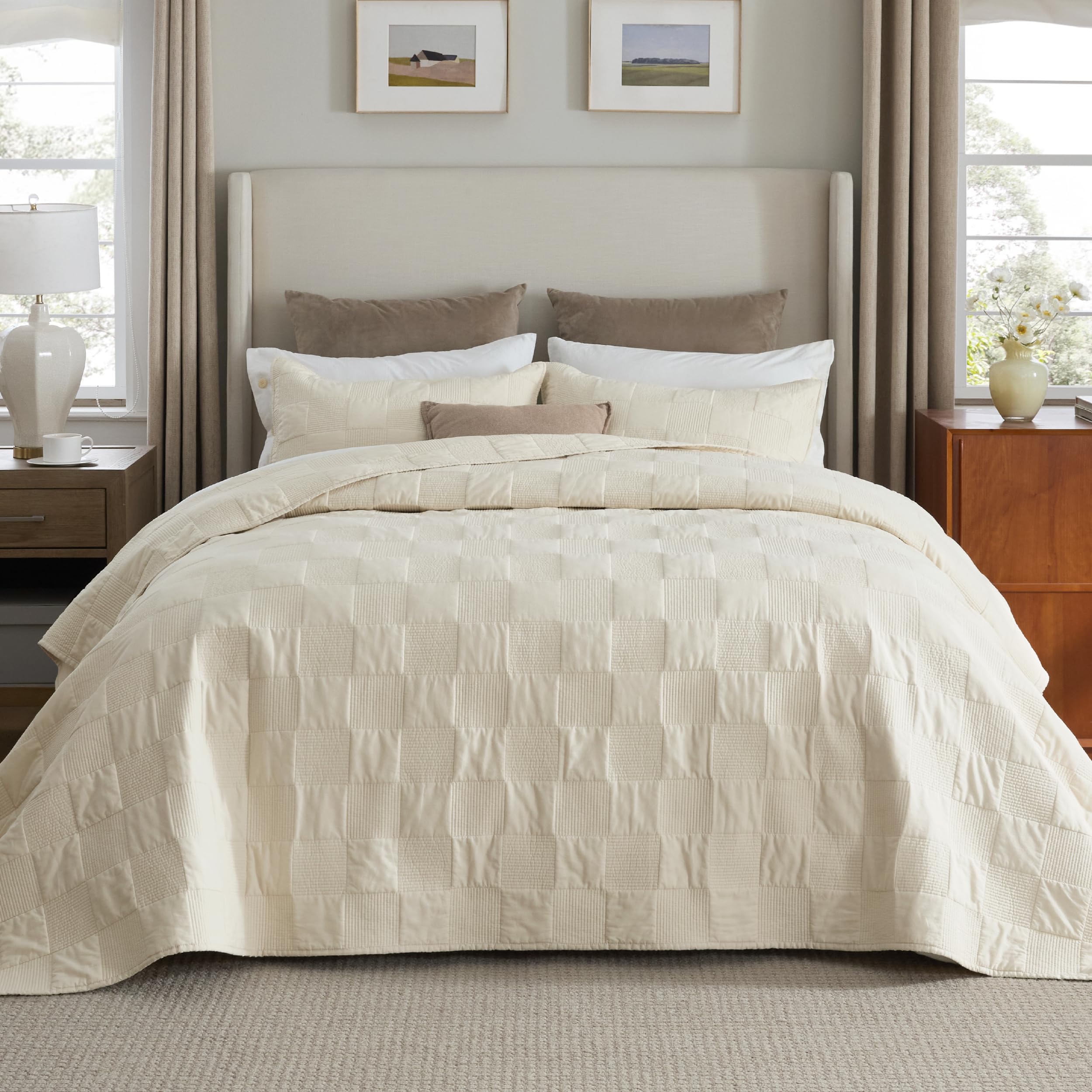 Bedsure 100% Cotton Quilt Set - Queen Size Bedspread, Lightweight Soft Bed Coverlet, PureWoven, 3-Piece Cozy Stitching Comforter with 2 Pillow Shams in Embroidery Clover Pattern, 90x96 in, Linen Beige