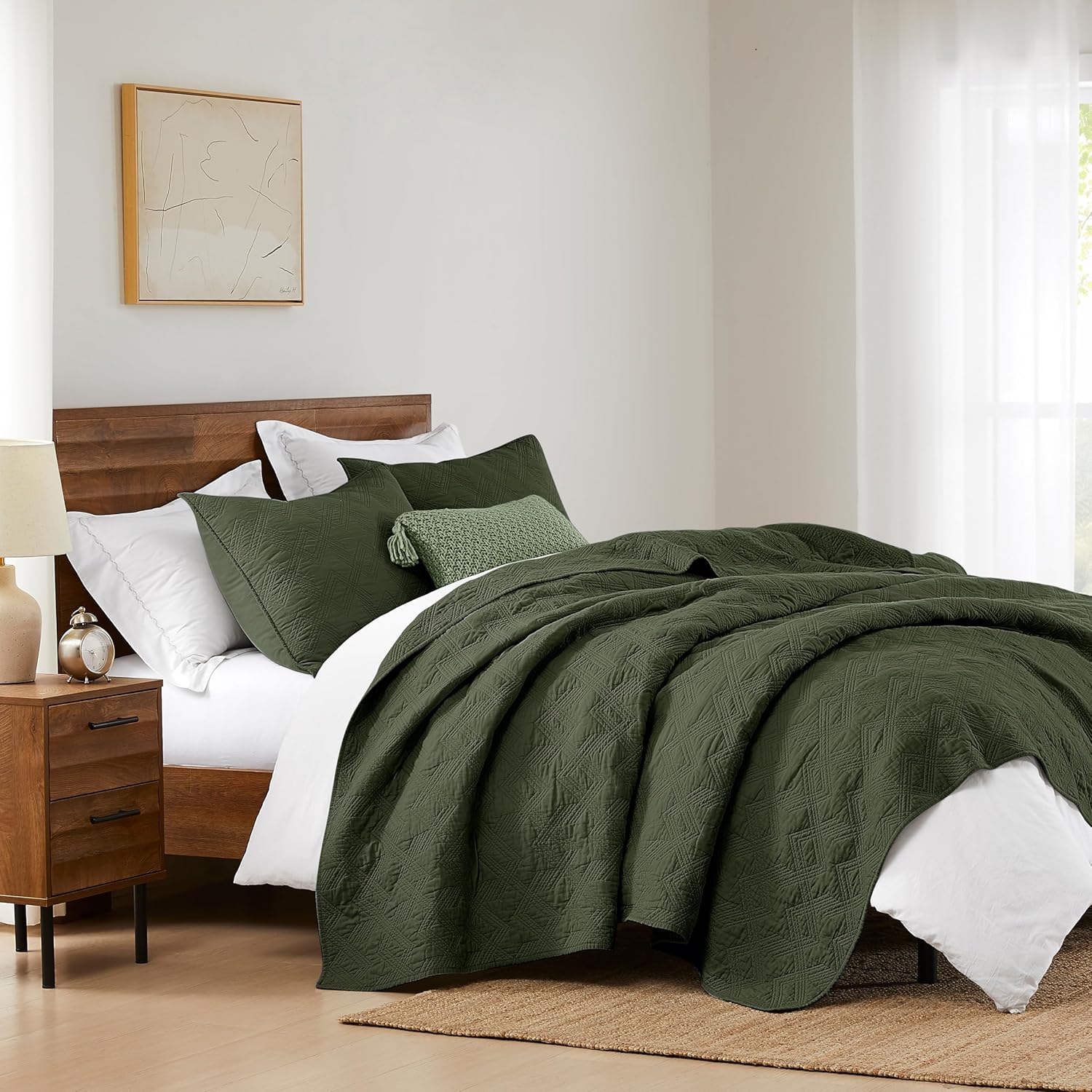 WDCOZY 100% Cotton Queen Size Quilt Set - Olive Green Pre-Washed Soft Lightweight Modern Bedspread, Farmhouse Country Rustic Coverlet, Textured Like Linen, Shabby Chic Gauze Bedding, 3 Pieces
