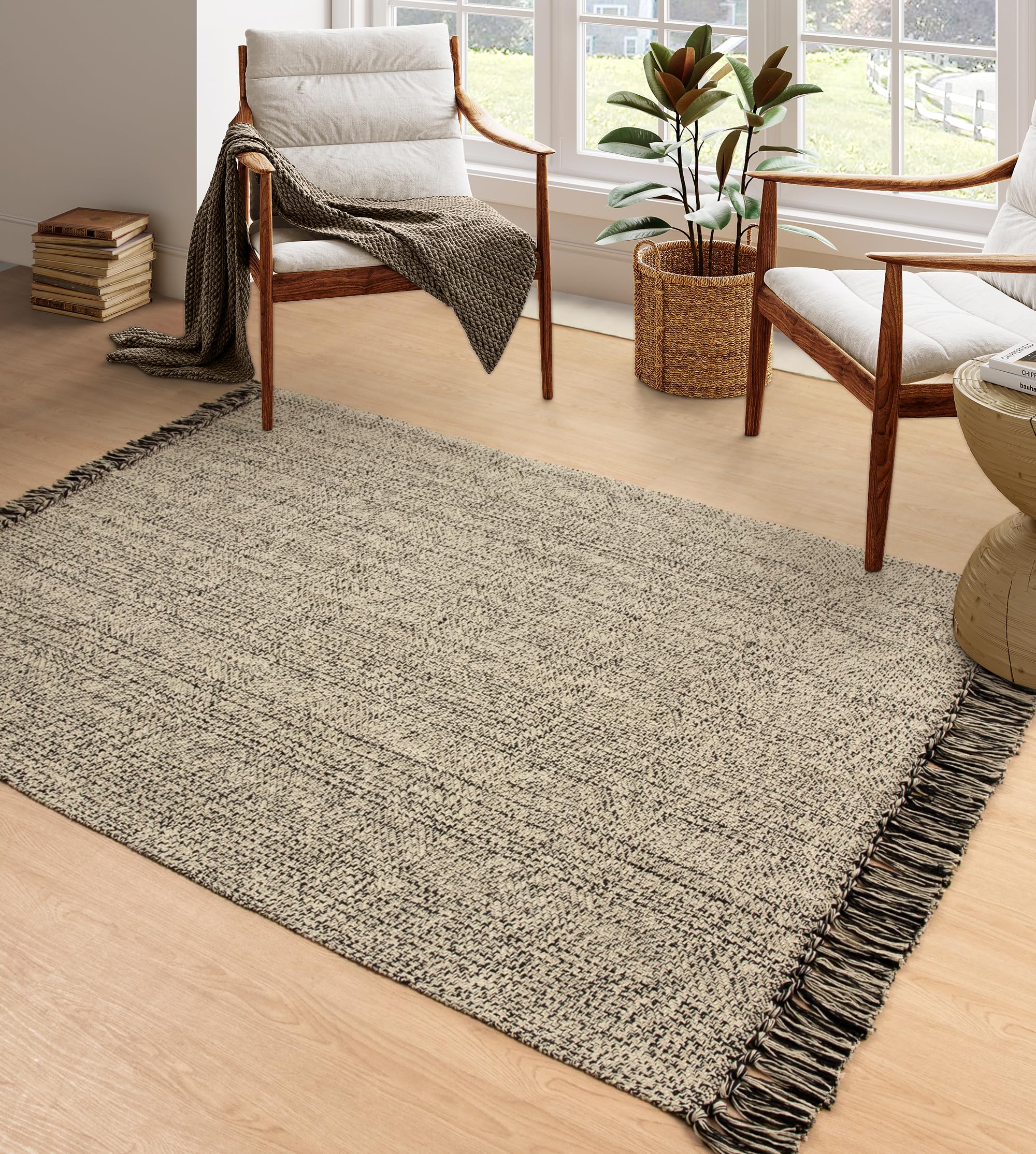 Collive Washable Area Rug 3' x 5', Modern Farmhouse Woven Kitchen Rugs, Tan/Cream Indoor Outddor Mat Braided Throw Carpet for Entryway Bedroom Nursery Laundry Living Room
