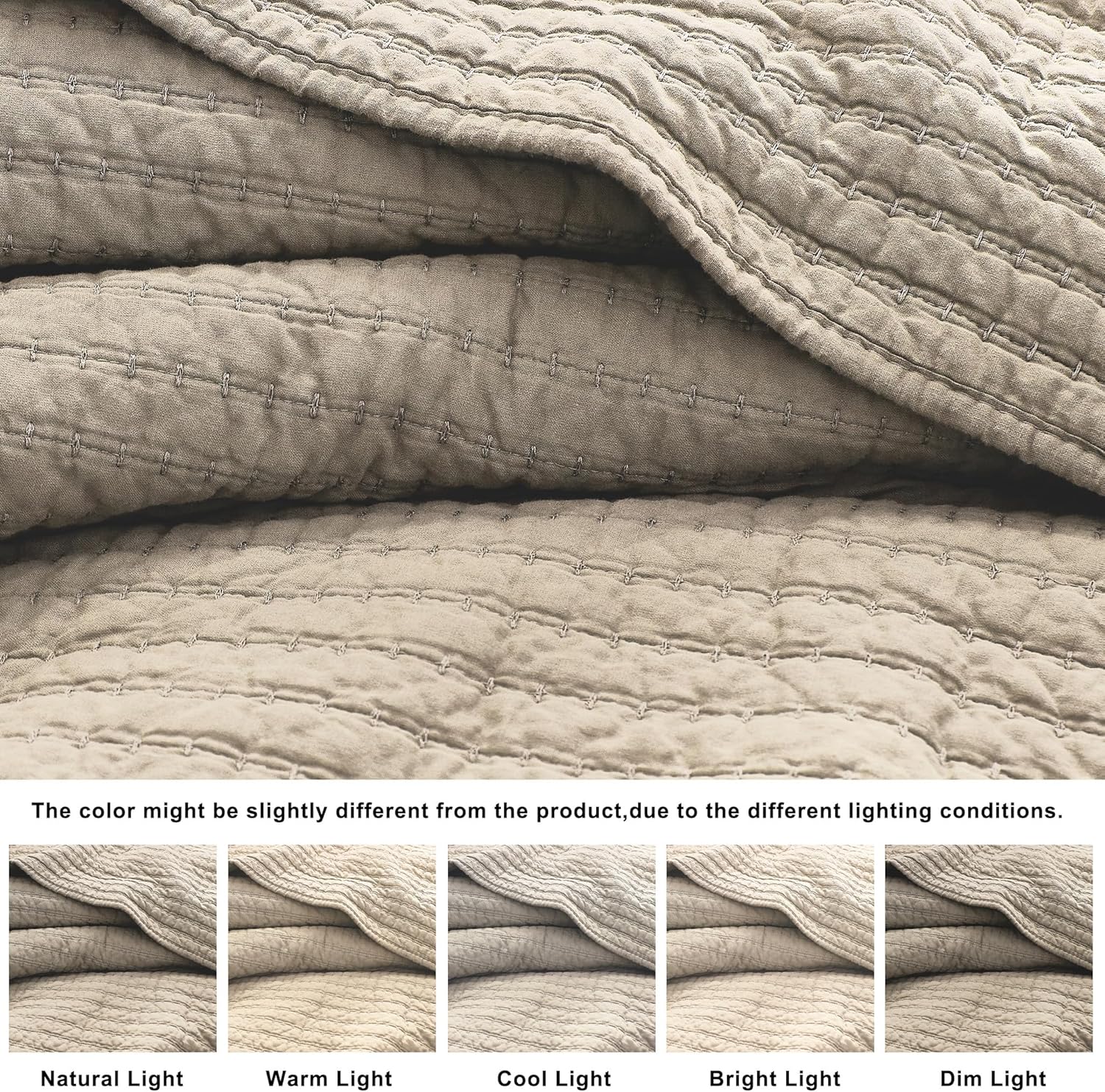 WDCOZY 100% Cotton King Size Quilt Set - Beige Neutral Striped Pick Stitch Soft Lightweight Bedspread, Textured Like Linen, Farmhouse Country Rustic Coverlet, Shabby Chic Gauze Bedding, 3 Pieces