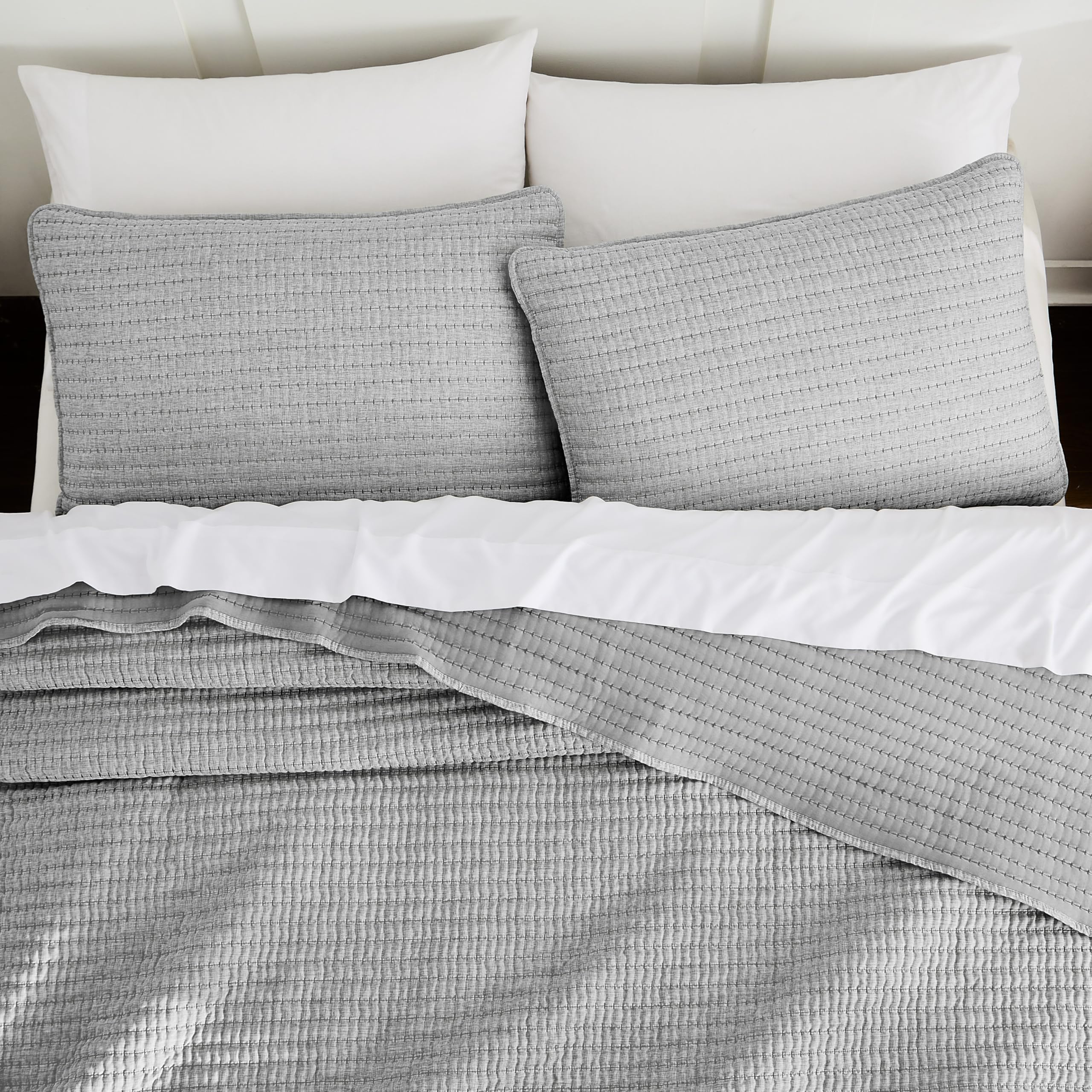 WDCOZY Beige Pick Stitch King Size Quilt Set, Striped Lightweight Soft Summer Spring Bedspread, Bamboo Linen Like Textured Coverlet, Chambray Farmhouse Country Rustic Bedding, Netural Thin Comforter