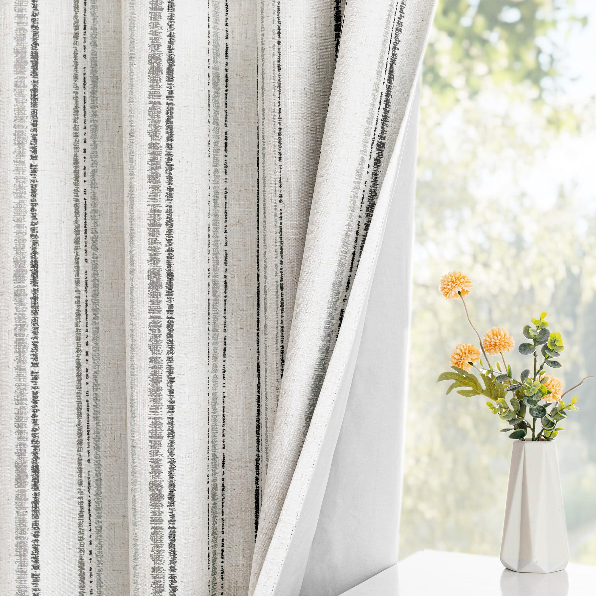 MYSKY HOME Grey Striped Linen Curtains 84 Inches Long Farmhouse Rustic for Bedroom Living Room Light Filtering Ticking Stripe Pinstripe Gray and White Patterned Drapes, Grommet, 2 Panels, 52" Wide