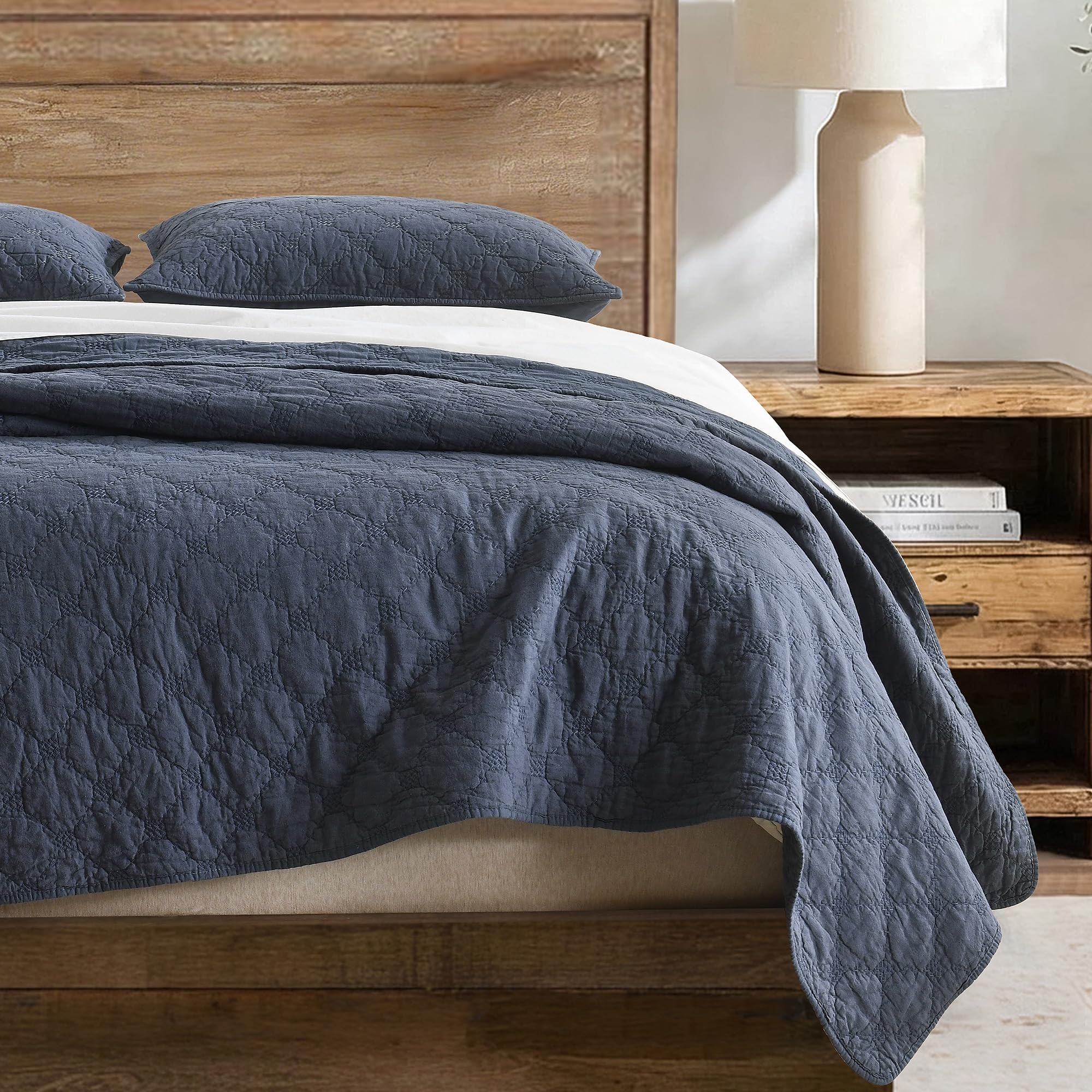 HORIMOTE HOME 100% Linen Front/100% Cotton Back Quilt Set Queen Size, White Pre-Washed European Flax Linen Quilt, Diamond Stitch Bedspread Coverlet Bedding Set 3-Piece for All Seasons