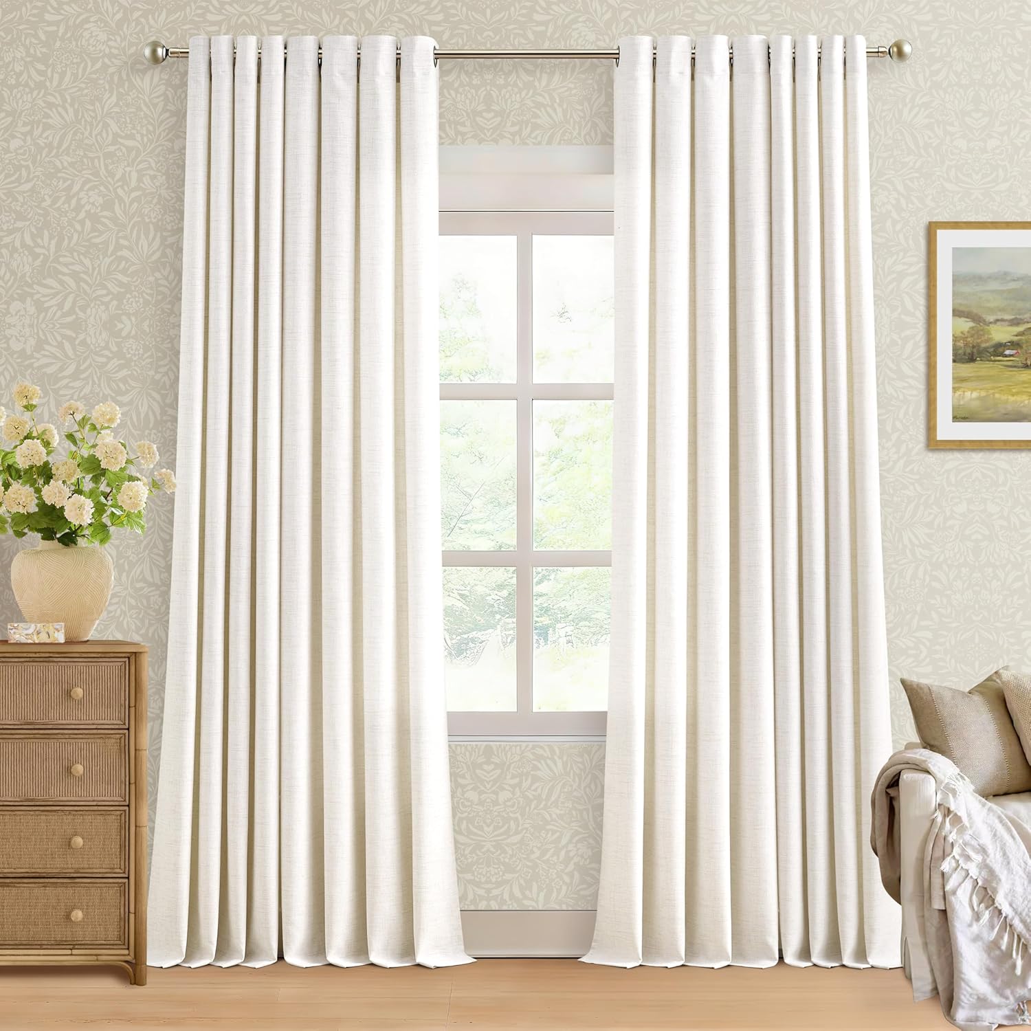 Natural Linen Curtains 96 Inches Long 2 Panels Bronze Grommet Curtain Burlap Ivory Cream Colored Light Filtering Semi Sheer Drapes Thick Linen Blend Floor to Ceiling Length Living Room 8ft