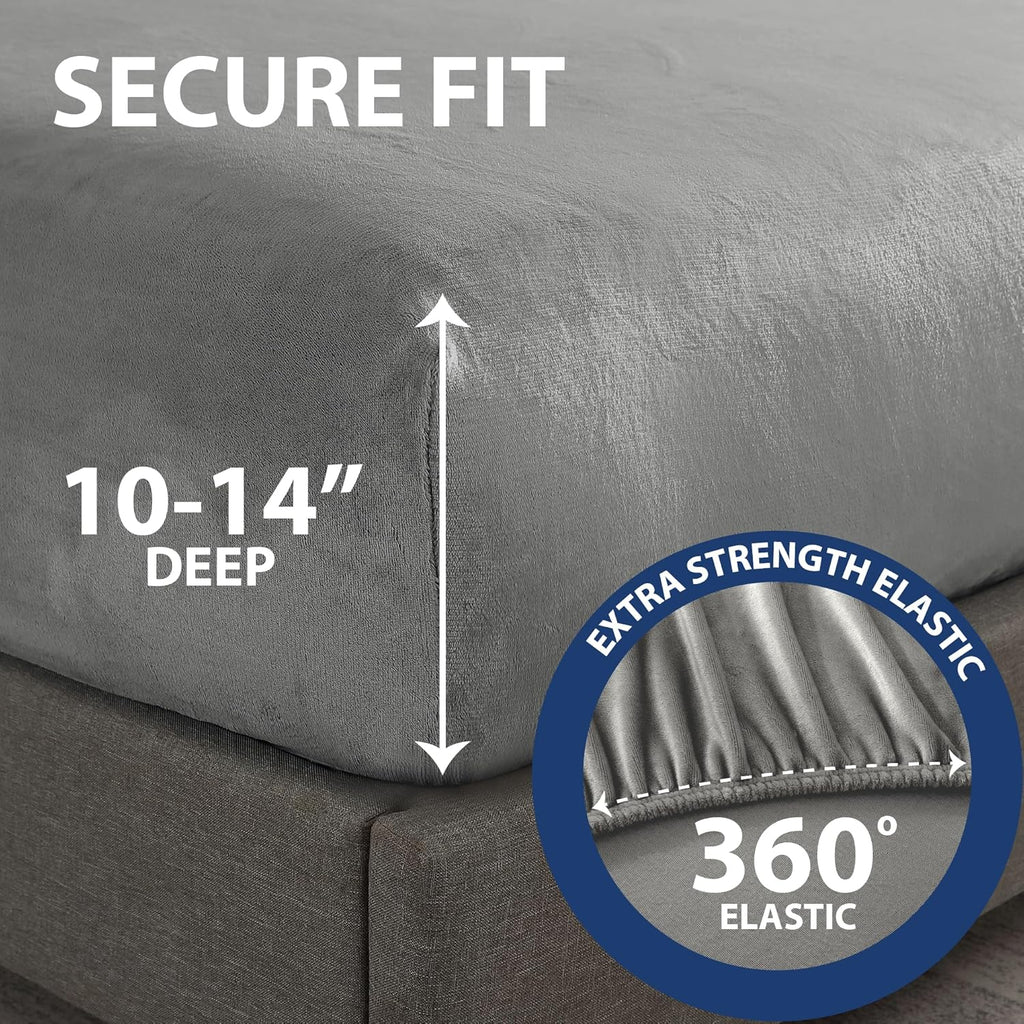 Cathay Home Queen Plush Fur Fitted Sheet - Ultra Soft & Thick Plush Fur - All Season Cozy Warmth - 12" Deep Pocket Fitted Sheet Only (Queen, Grey)