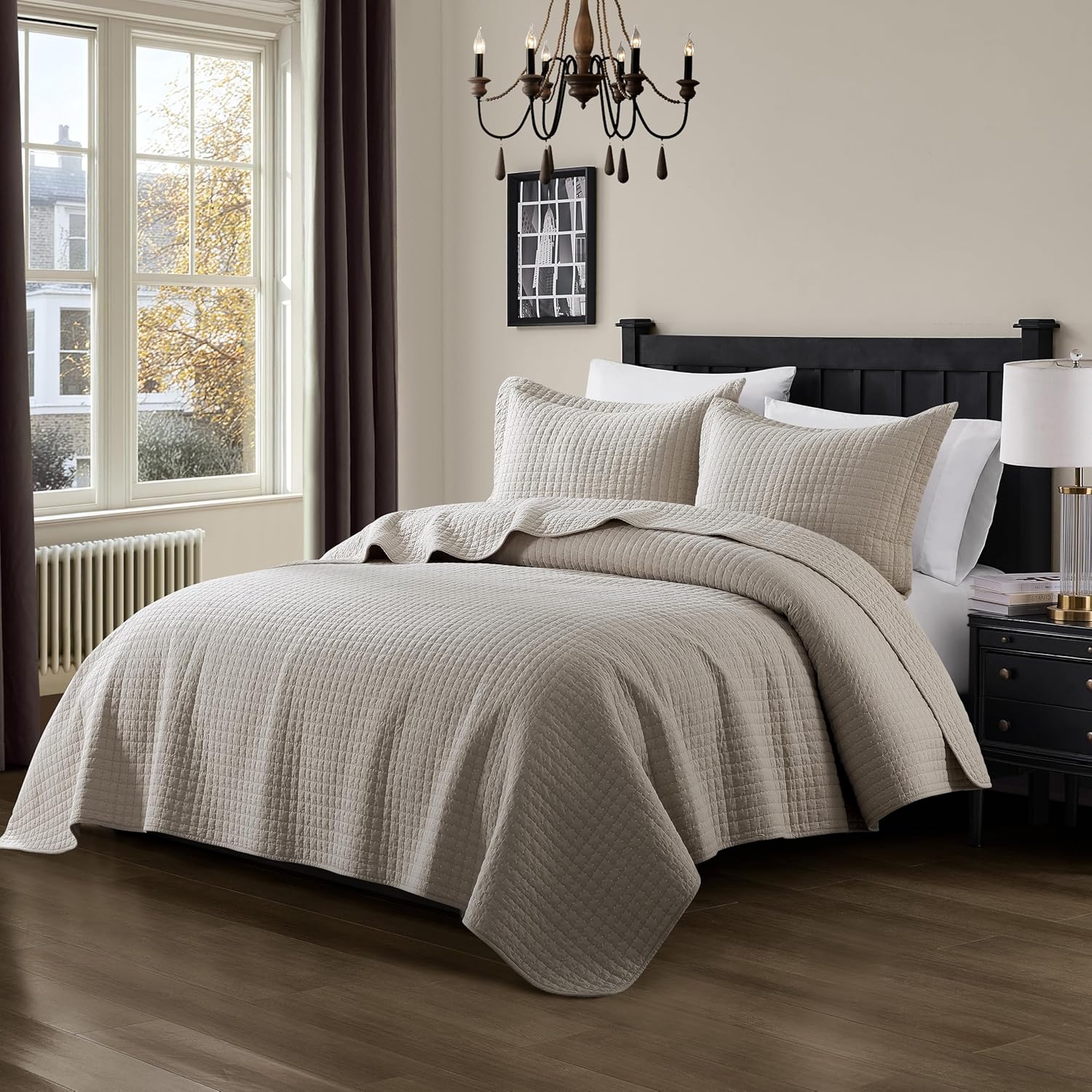WDCOZY 100% Cotton Queen Size Quilt Set - Beige Box Pick Stitch Soft Lightweight Bedspread, Textured Like Linen, Farmhouse Country Rustic Coverlet, Shabby Chic Gauze Bedding, 3 Pieces