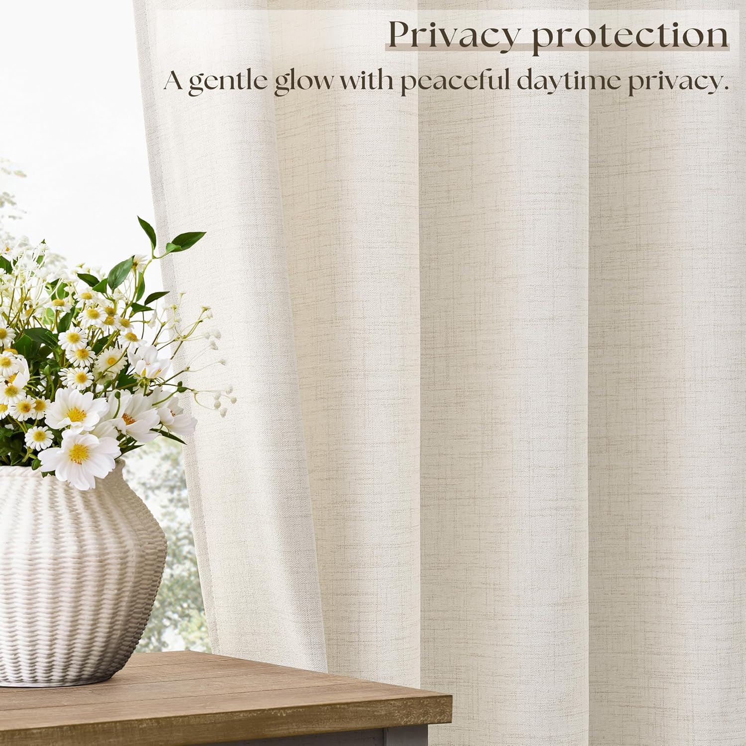Natural Linen Curtains 96 Inches Long 2 Panels Bronze Grommet Curtain Burlap Ivory Cream Colored Light Filtering Semi Sheer Drapes Thick Linen Blend Floor to Ceiling Length Living Room 8ft