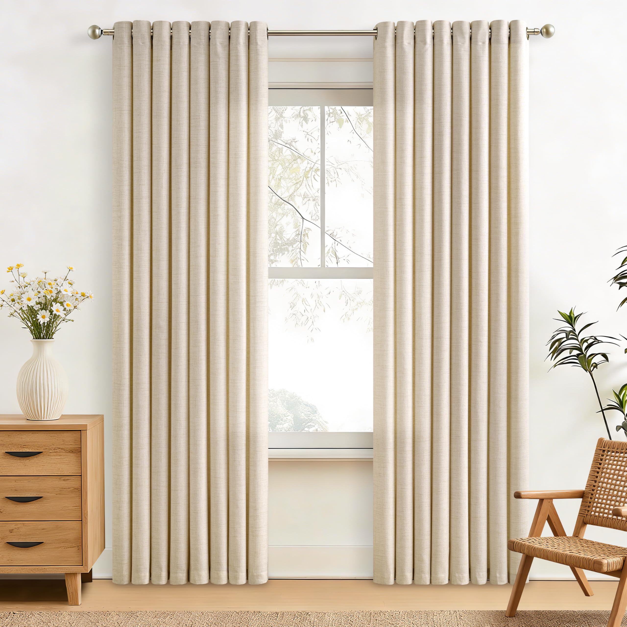 Natural Linen Curtains 96 Inches Long 2 Panels Bronze Grommet Curtain Burlap Ivory Cream Colored Light Filtering Semi Sheer Drapes Thick Linen Blend Floor to Ceiling Length Living Room 8ft