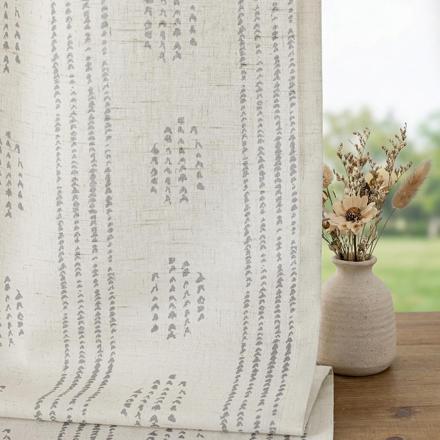 Boho Linen Curtains for Bedroom Living Room Grey Farmhouse Boho Curtains 84 Inches Long Geometric Striped Patterned Mudcloth Grommet Top Light Filtering Window Drapes 2 Panels Gray on Beige
