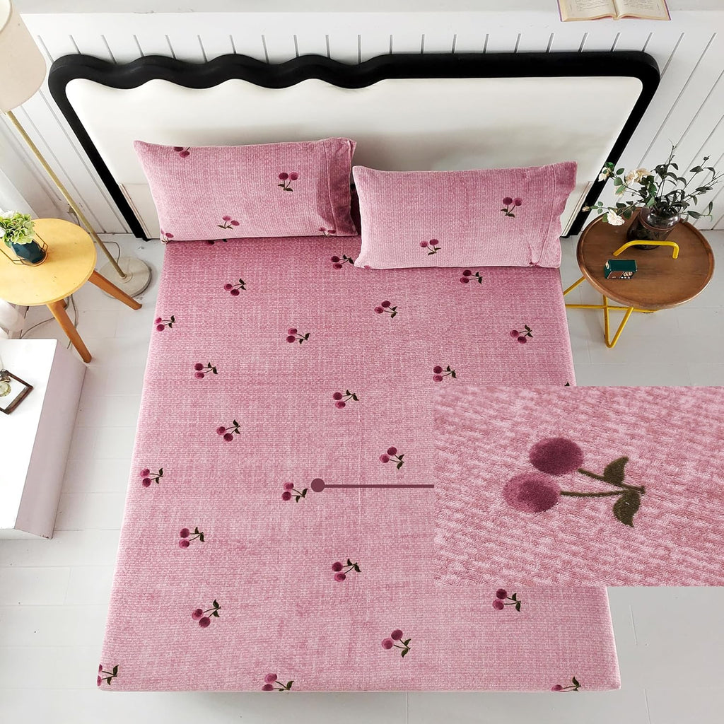 MAG 3Pcs Fleece Fitted Sheet Twin Size with Pink Cherry Pattern, Super Cute Fluffy Warm Bottom Sheets for Kids,Girls,included1*Fitted Sheet and 2*Pillowcases.