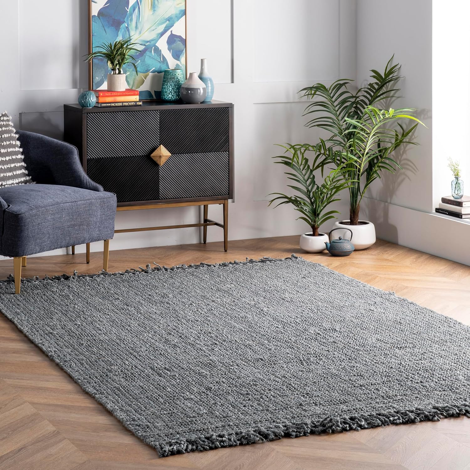 nuLOOM 5x8 Daniela Jute Tassel Hand Woven Area Rug, Off White, Solid Chunky Farmhouse Design, Natural Fiber, For Bedroom, Dining Room, Living Room, Hallway, Office, Entryway