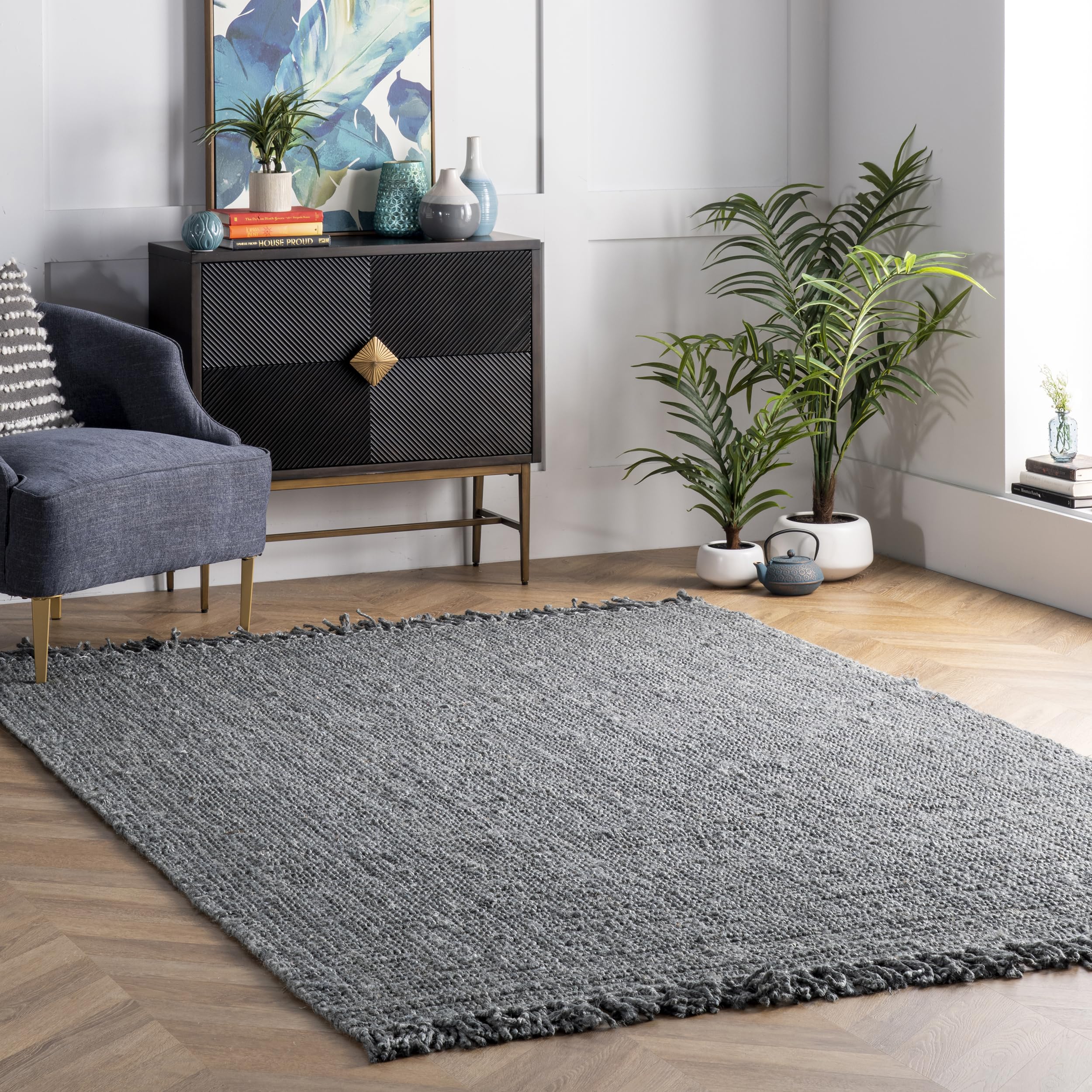nuLOOM 5x8 Daniela Jute Tassel Hand Woven Area Rug, Off White, Solid Chunky Farmhouse Design, Natural Fiber, For Bedroom, Dining Room, Living Room, Hallway, Office, Entryway