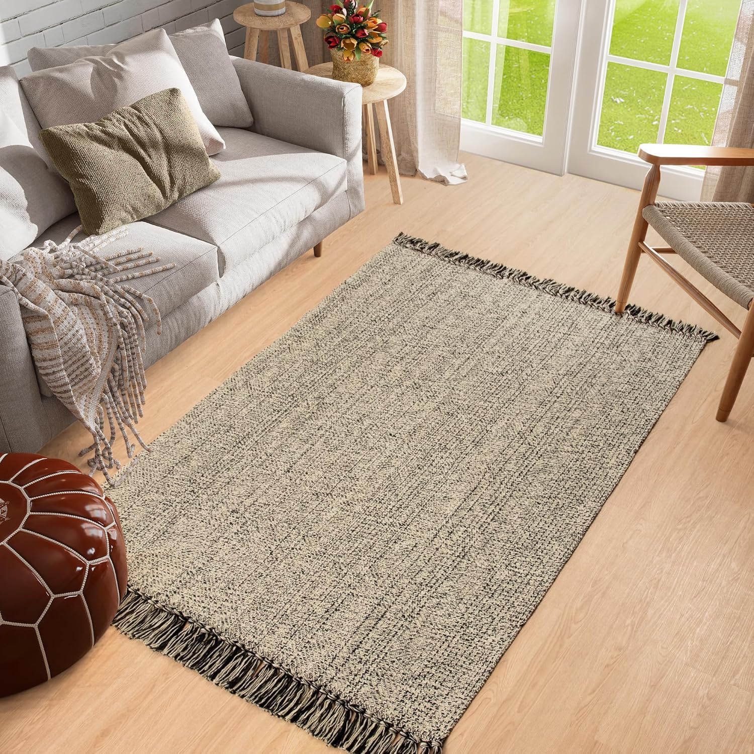 Collive 4x6 Area Rug, Natural/Black Woven Cotton Washable Modern Bedroom Rugs, Boho Dining Room Door Rug Carpet with Tassel for Living Room Nursery Room Office, Outdoor Rug for Patio Hallway Decor