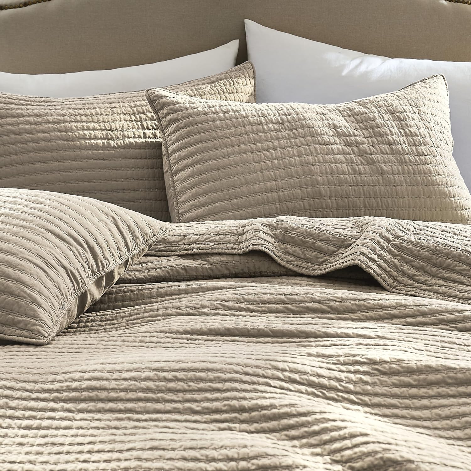 WDCOZY 100% Cotton Queen Size Quilt Set - Beige Neutral Striped Pick Stitch Soft Lightweight Bedspread, Textured Like Linen, Farmhouse Country Rustic Coverlet, Shabby Chic Gauze Bedding, 3 Pieces
