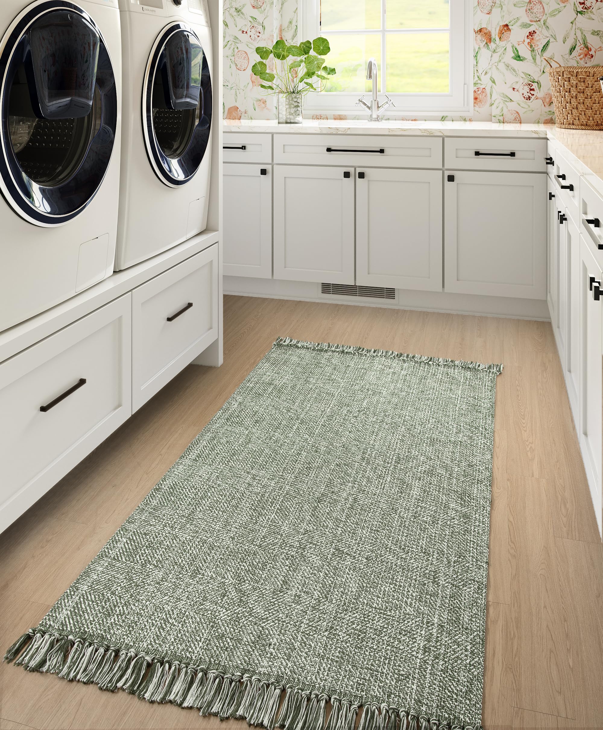 Collive Washable Area Rug 3' x 5', Modern Farmhouse Woven Kitchen Rugs, Tan/Cream Indoor Outddor Mat Braided Throw Carpet for Entryway Bedroom Nursery Laundry Living Room