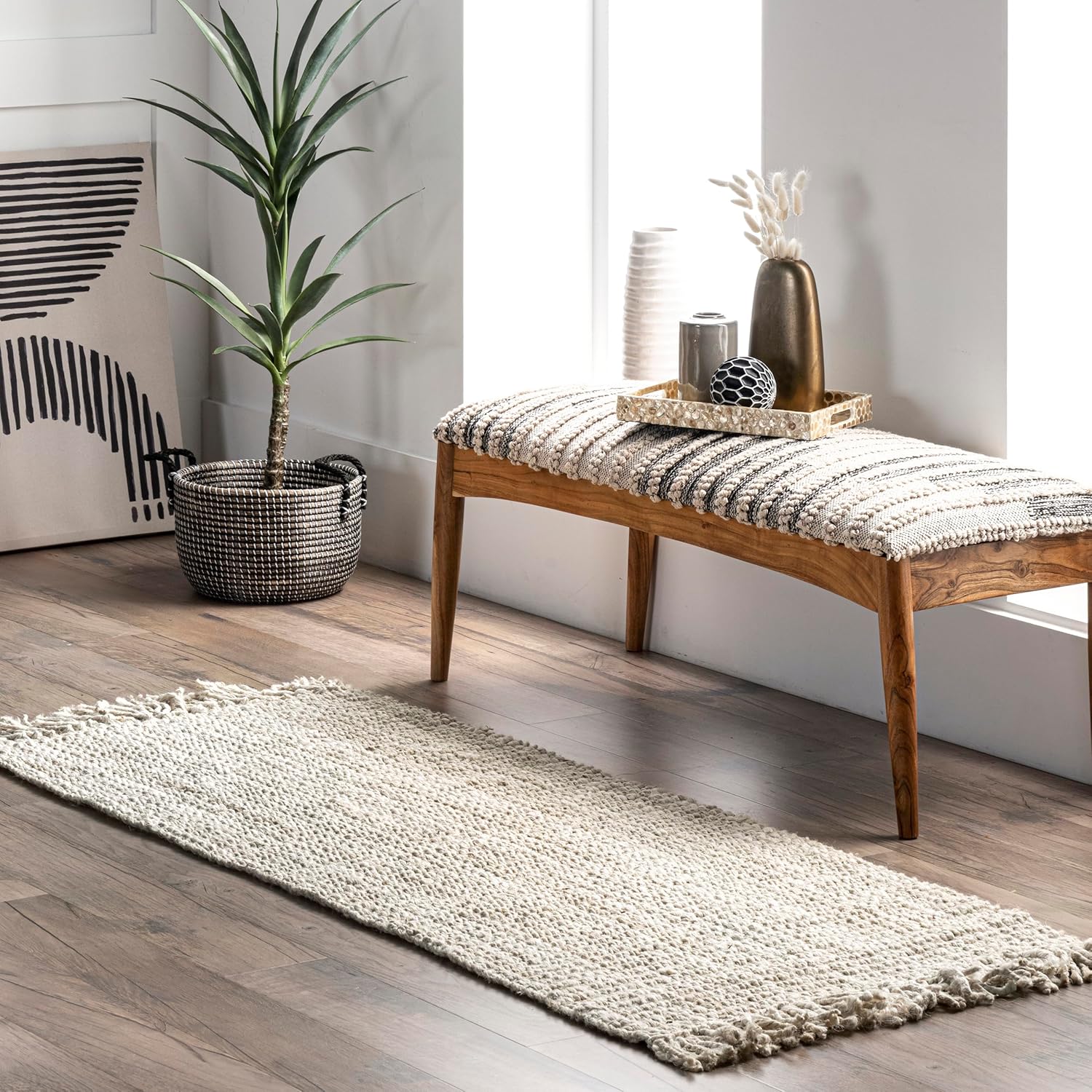 nuLOOM 5x8 Daniela Jute Tassel Hand Woven Area Rug, Off White, Solid Chunky Farmhouse Design, Natural Fiber, For Bedroom, Dining Room, Living Room, Hallway, Office, Entryway