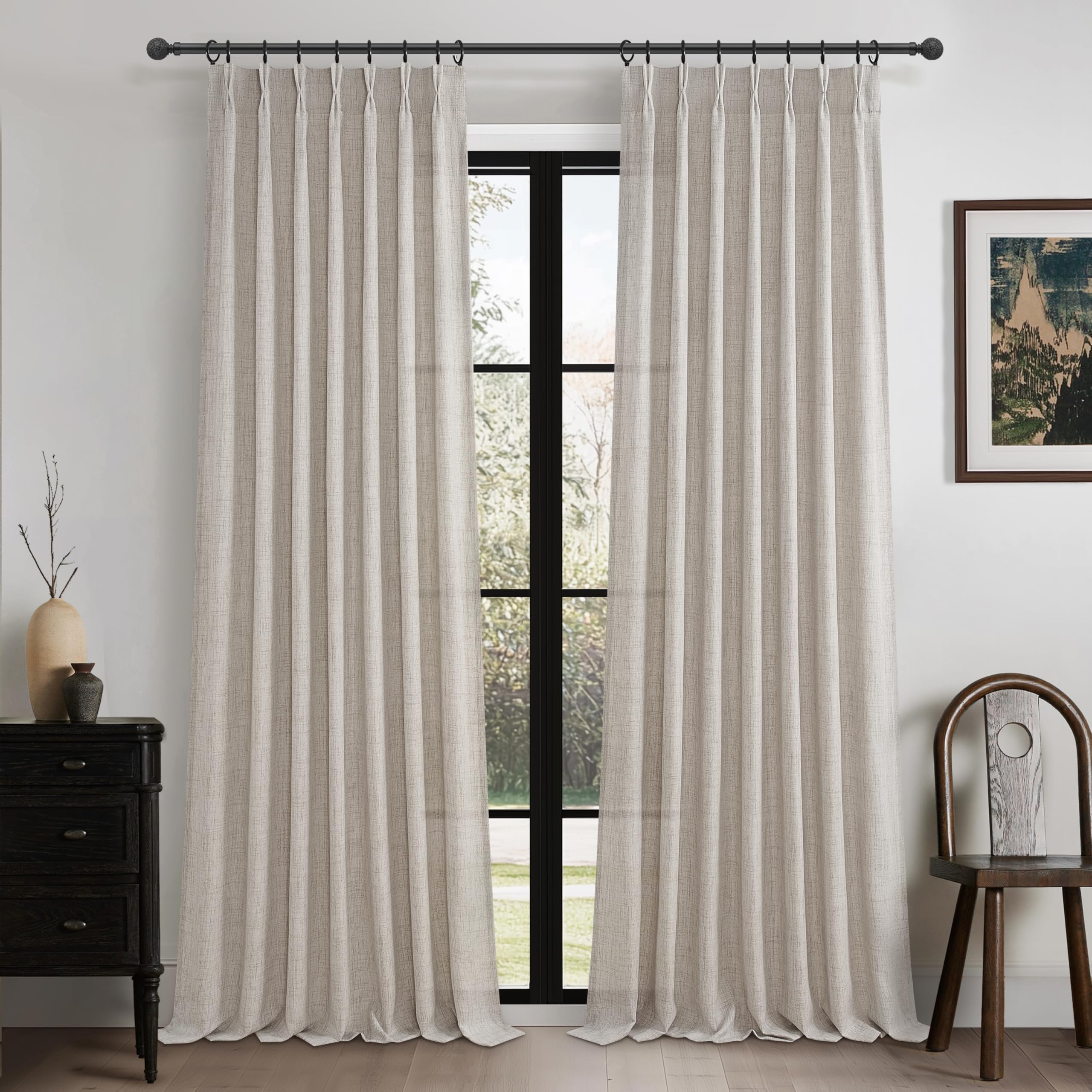 Pinch Pleated Linen Curtains 96 Inches Long for Living Room Bedroom, Light Filtering Boho Window Drape 96 inch 2 Panels Burgs with Hooks&Rings 8ft Cream Birch Sliding Glass Door Sheer Curtain Decor