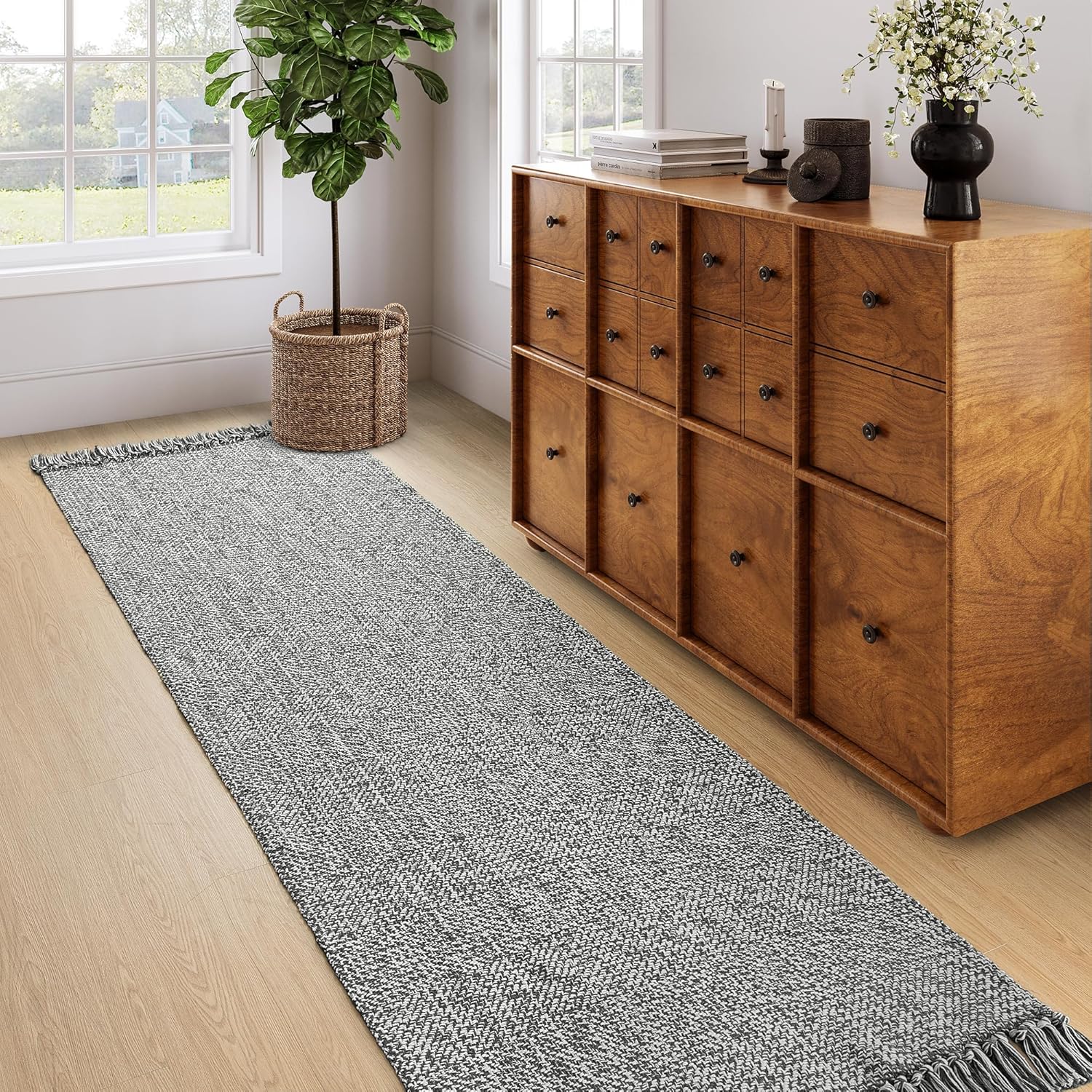 Collive 4x6 Area Rug, Natural/Black Woven Cotton Washable Modern Bedroom Rugs, Boho Dining Room Door Rug Carpet with Tassel for Living Room Nursery Room Office, Outdoor Rug for Patio Hallway Decor