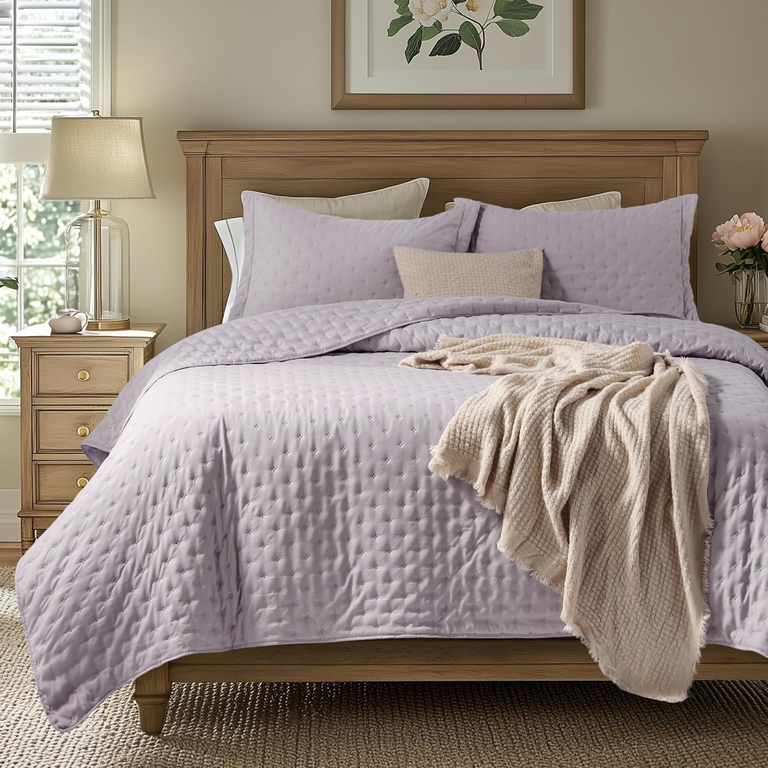 Bedsure Quilts Queen Size - Linen Bedspread Queen Size & Lightweight Comforter, Modern Farmhouse Coverlet with Clover Pattern, Ultra Soft All-Season Bedding, 90 x 96 Inches | Stitch-Free Quilting, Ultra Soft, Lightweight, Machine Washable, Pet-Friendly