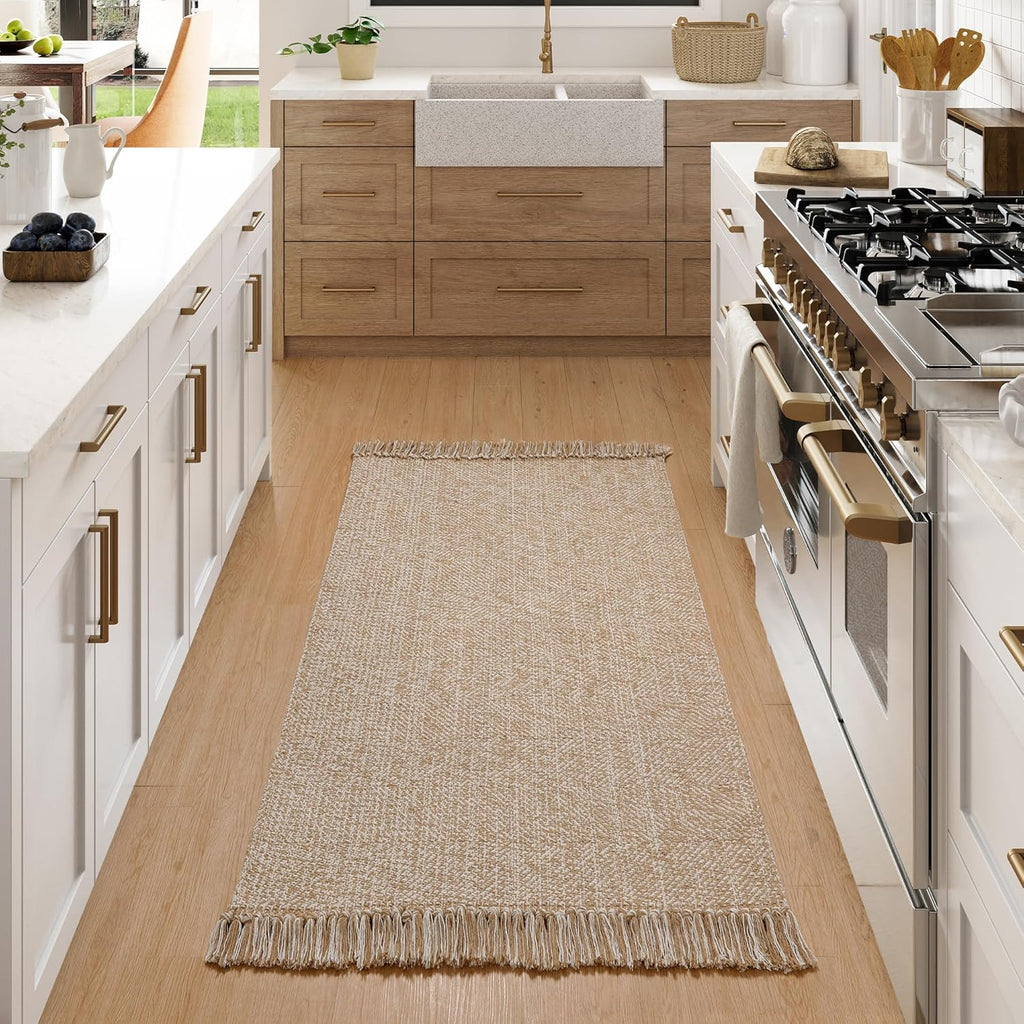 Collive Washable Area Rug 3' x 5', Modern Farmhouse Woven Kitchen Rugs, Tan/Cream Indoor Outddor Mat Braided Throw Carpet for Entryway Bedroom Nursery Laundry Living Room