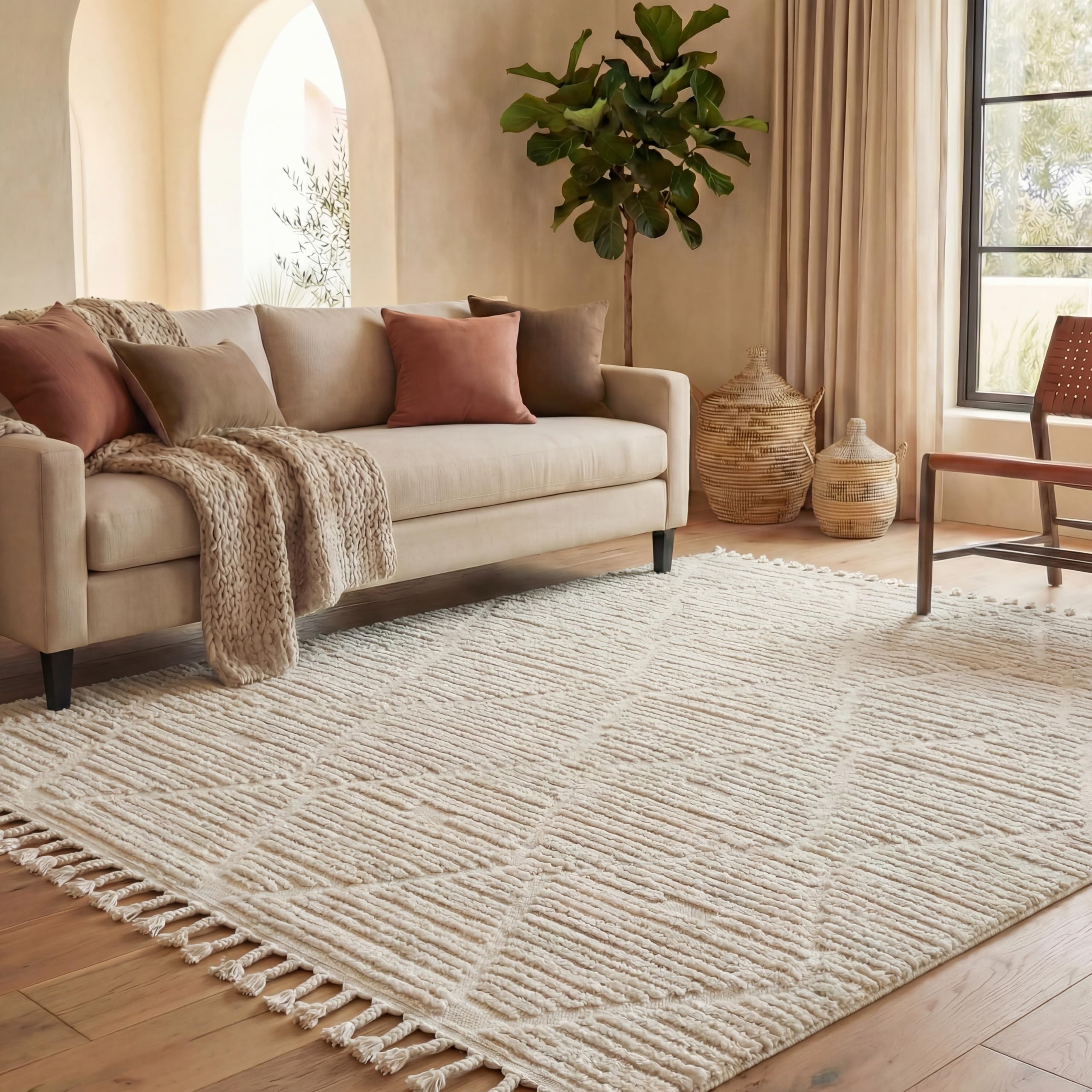 SAFAVIEH Marrakesh Collection Area Rug - 4' x 6', Beige, Moroccan Trellis Design with Tassel Detail, Non-Shedding & Easy to Clean, Ideal for Living Room, Bedroom, Dining Space (MRK517C)