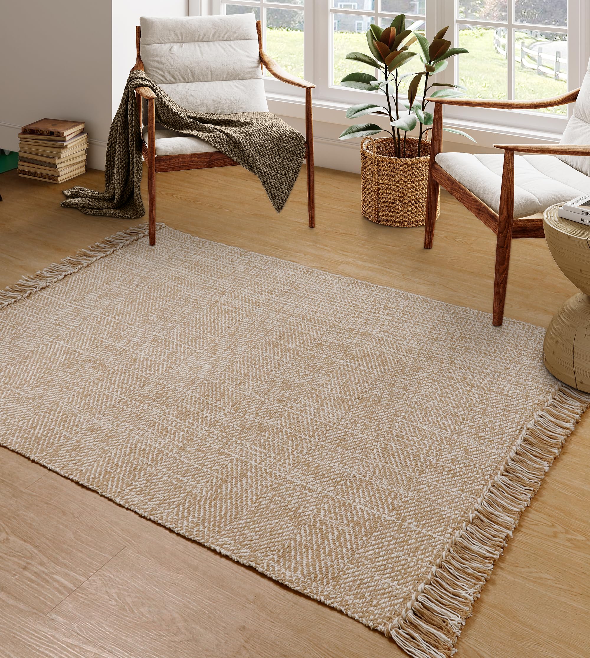 Collive Washable Area Rug 3' x 5', Modern Farmhouse Woven Kitchen Rugs, Tan/Cream Indoor Outddor Mat Braided Throw Carpet for Entryway Bedroom Nursery Laundry Living Room